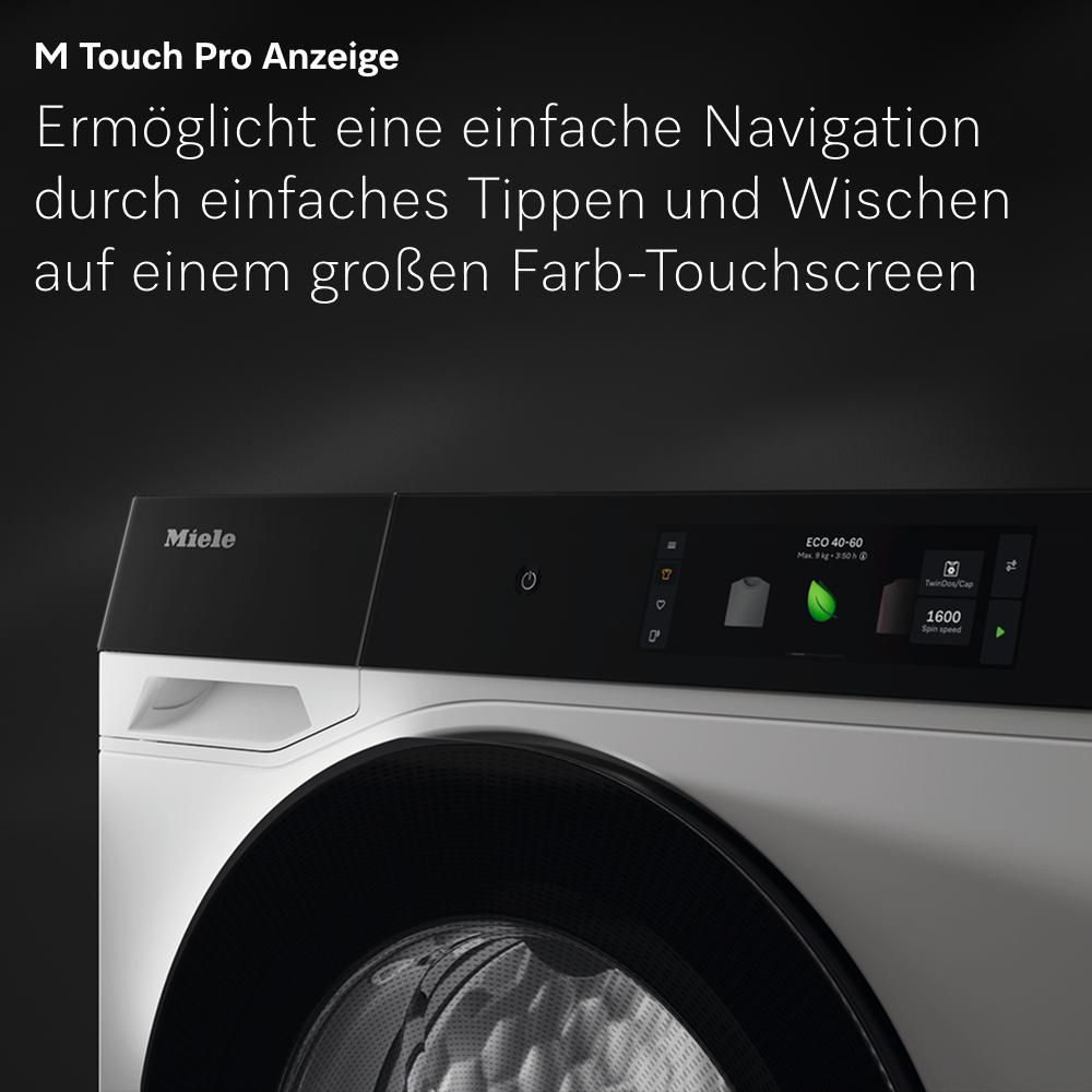 Bedienfeld einer Waschmaschine mit großem Touchscreen. Das Logo 'Miele' ist sichtbar.