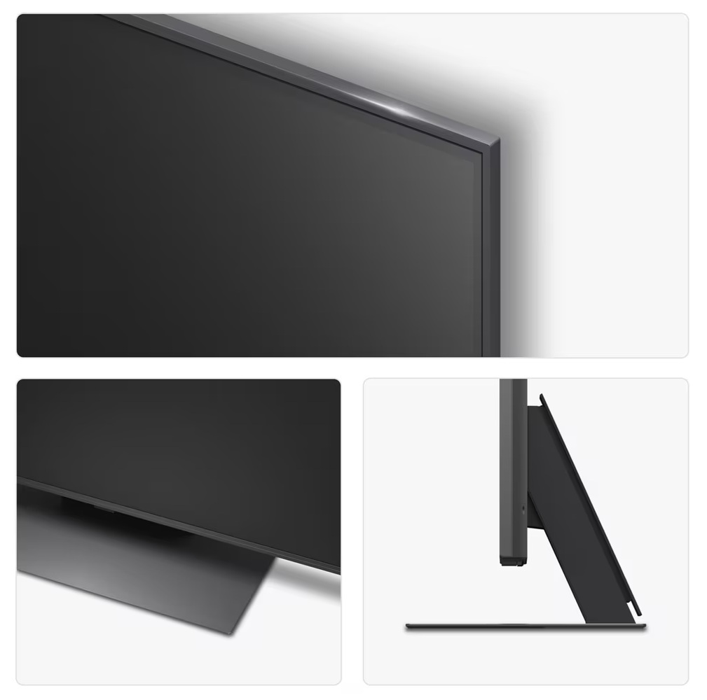 Zbliżenia TV: szczegóły góry, dołu i podstawy, wszystko w ciemnoszarym.