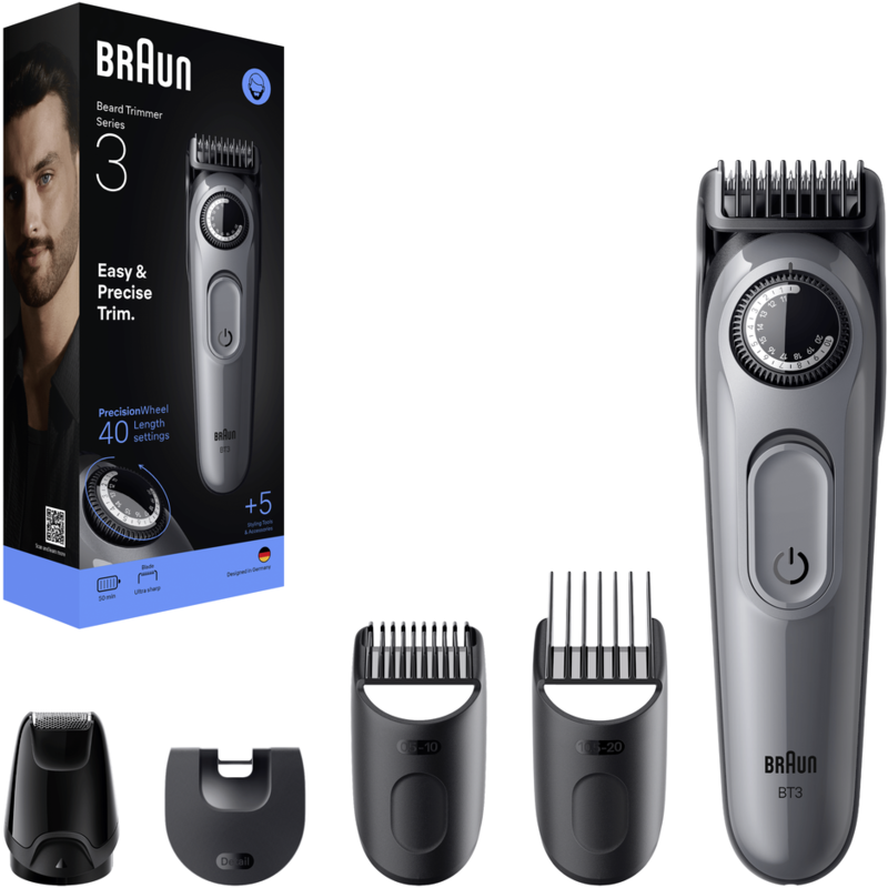 Un juego de recortadora de barba Braun con accesorios. Incluye recortadora, accesorios y caja con imagen de hombre.