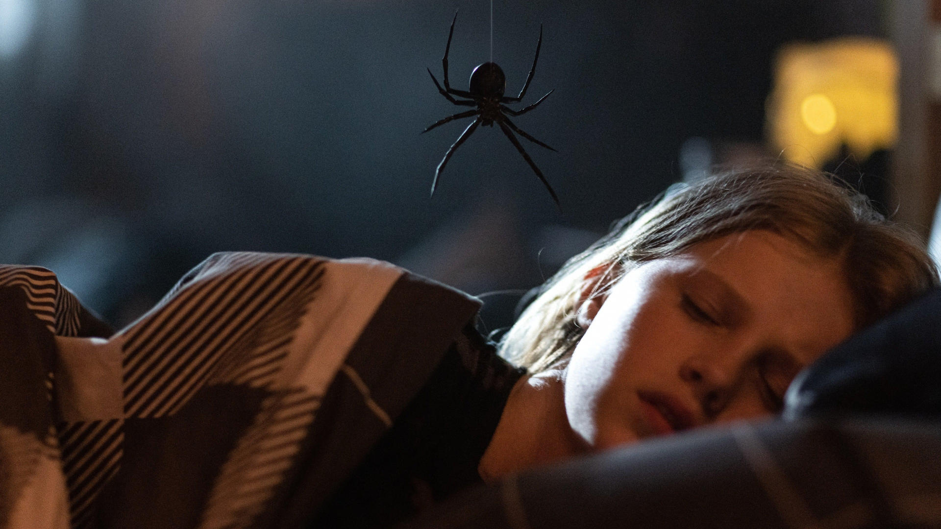 Ein schlafendes Mädchen in einem Bett, eine große Spinne hängt über ihr.