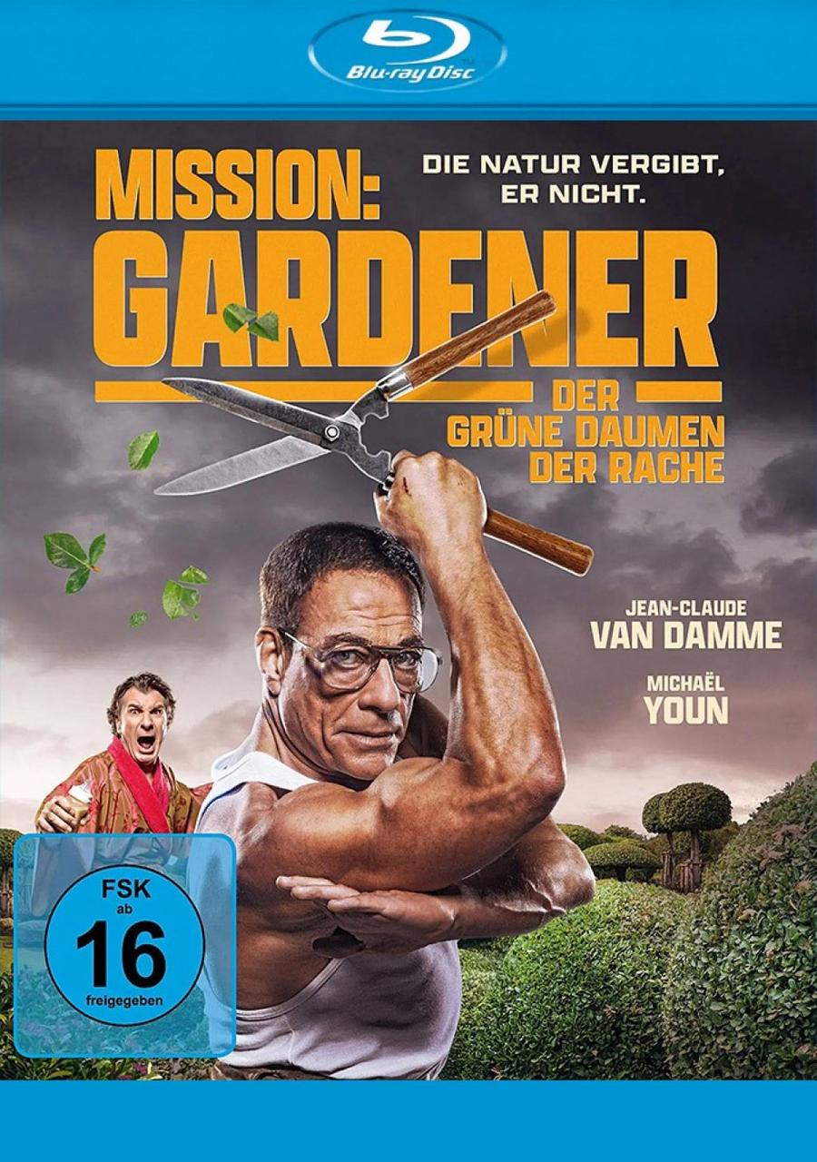 Filmcover: Mann mit Brille hält Gartenschere, Titel "Mission Gardener", grüner Hintergrund.