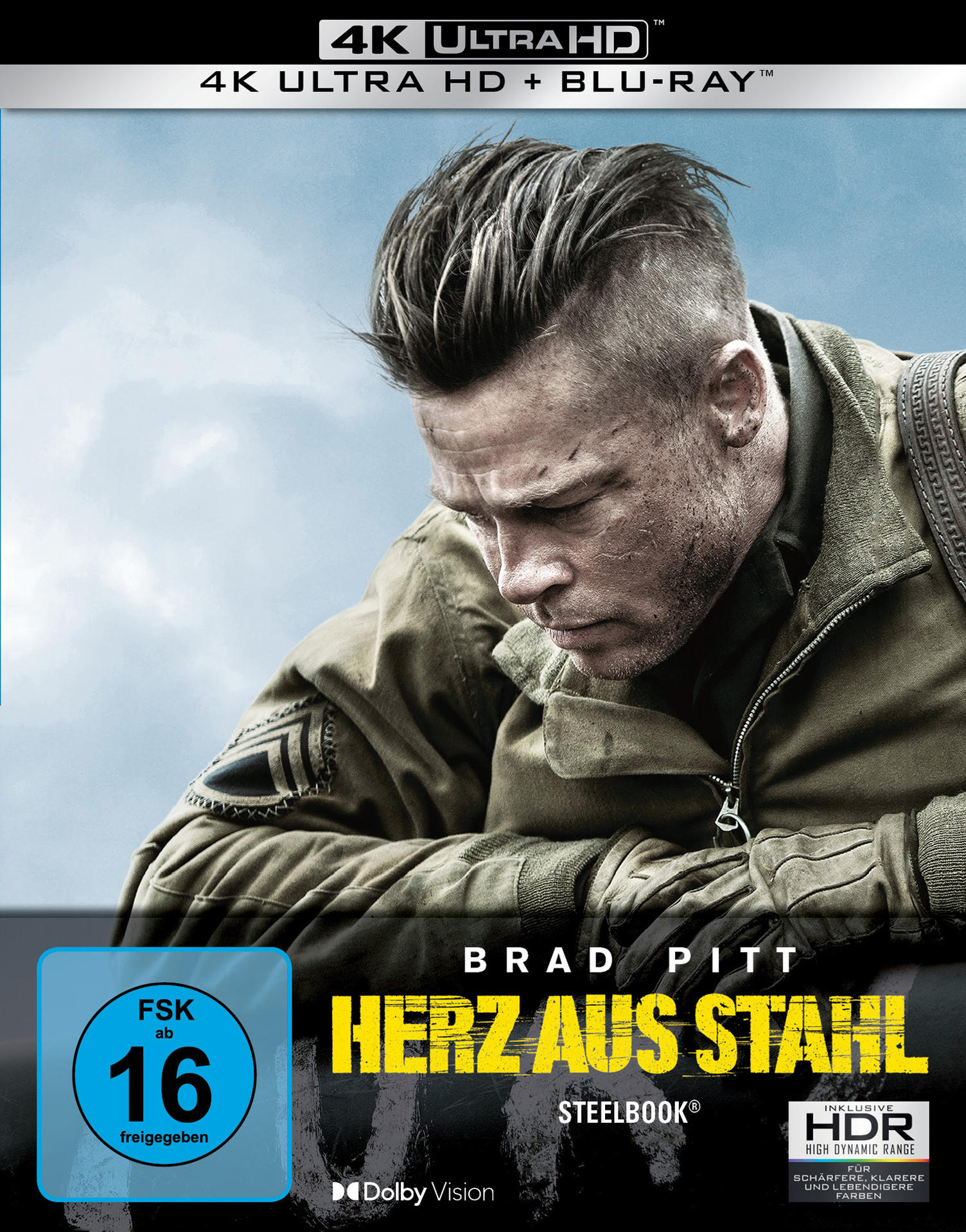 Brad Pitt auf einem Blu-ray-Cover. Filmtitel: Herz aus Stahl (Fury).