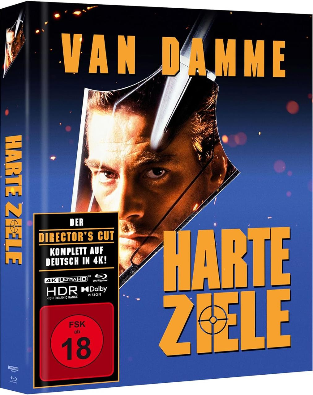 Filmcover, Van Dammes Gesicht, Titel 'Hard Target' in Orange und ein Zielsymbol.