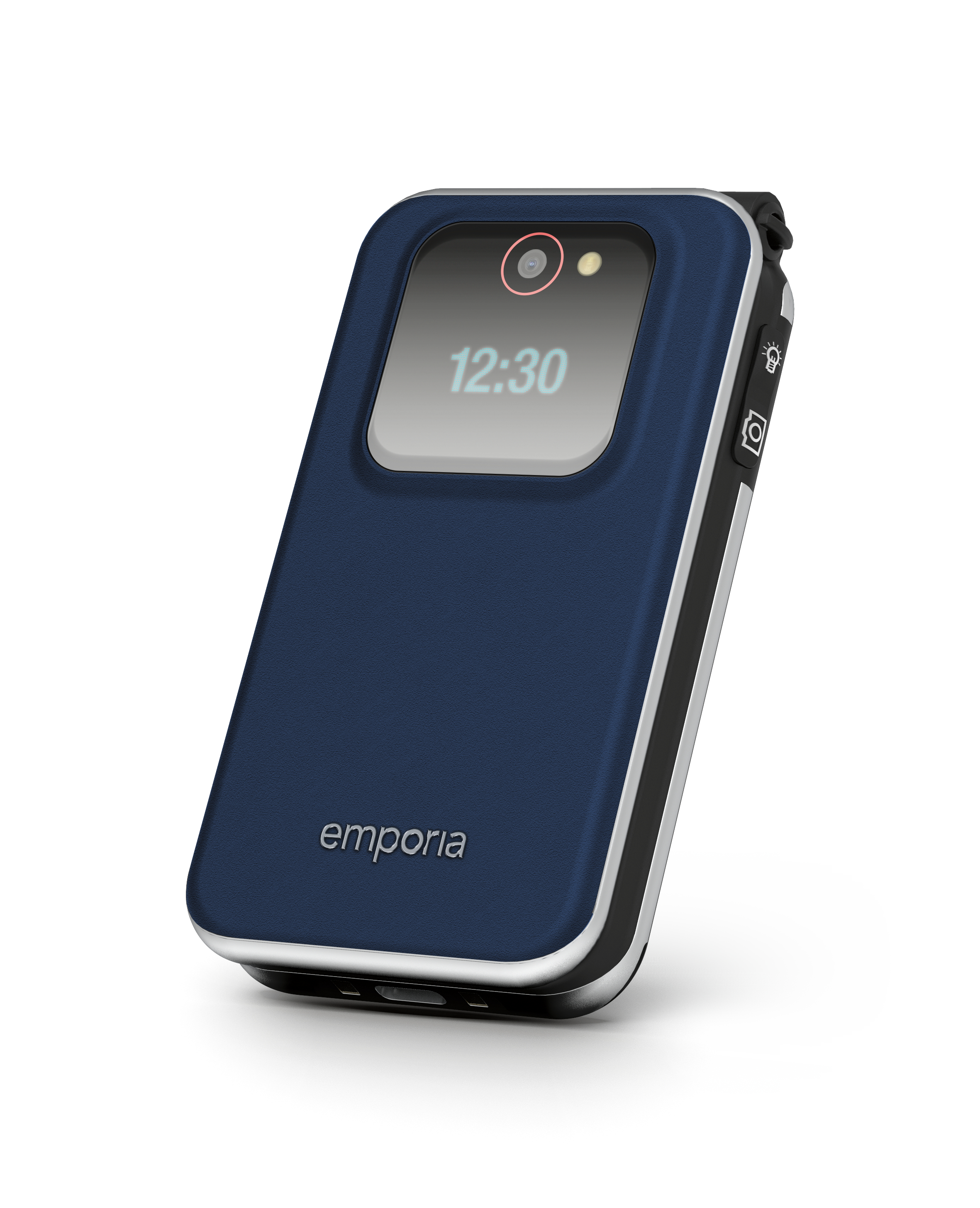 Blaues Klapphandy offen. Ein Bildschirm zeigt 12:30 an. Eine Kamera ist sichtbar. Das Emporia-Logo ist auf dem Telefon.