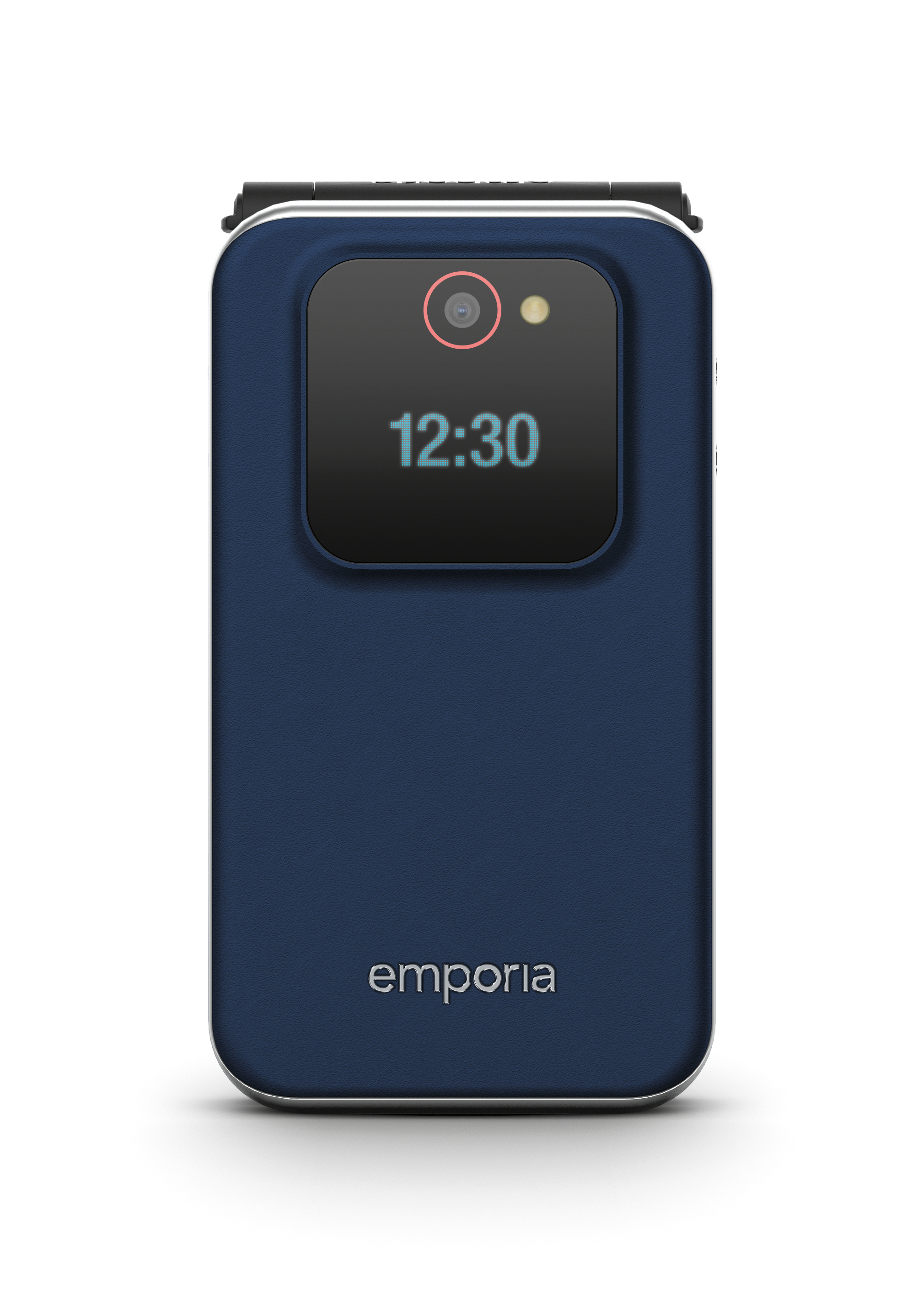 Ein blaues Klapphandy offen. Der Bildschirm zeigt 12:30 an. Eine Kamera ist sichtbar. Das Emporia-Logo ist auf dem Telefon.