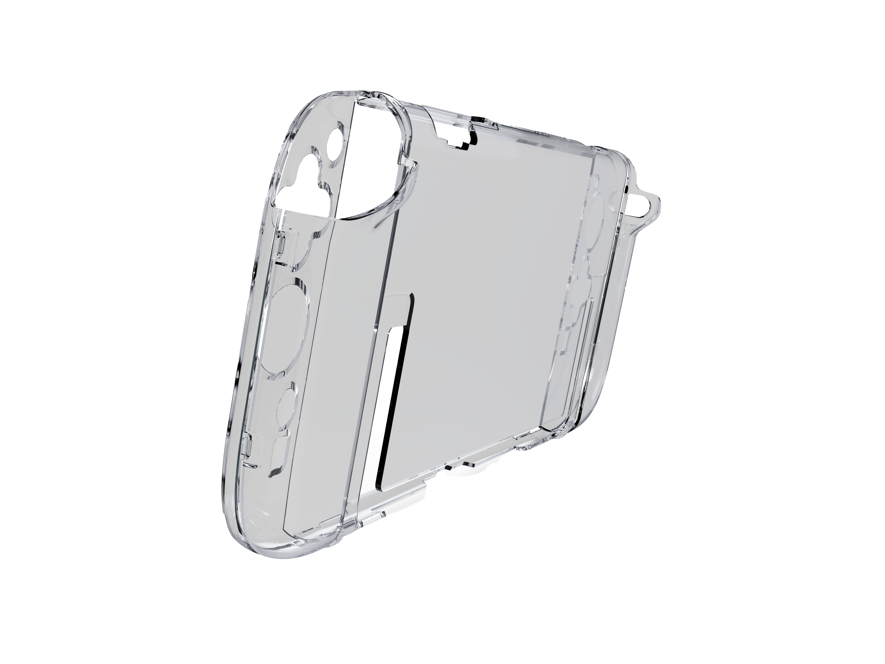 Eine transparente Hülle für ein Gerät, vor weißem Hintergrund. Die Hülle hat ein schlichtes Design.