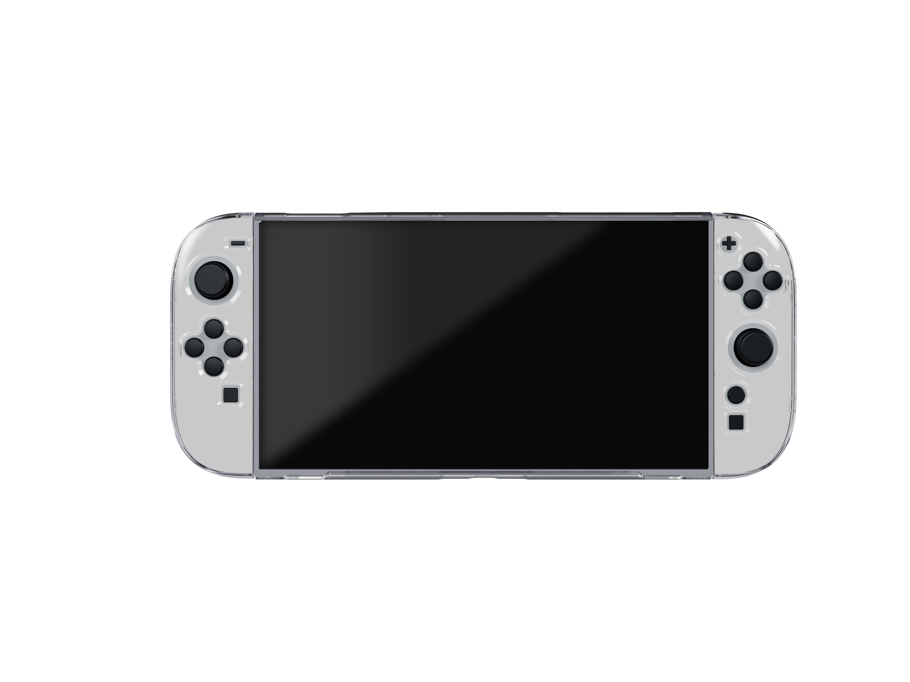 Eine weiße Nintendo Switch Konsole mit weißen Controllern und einem schwarzen Bildschirm.