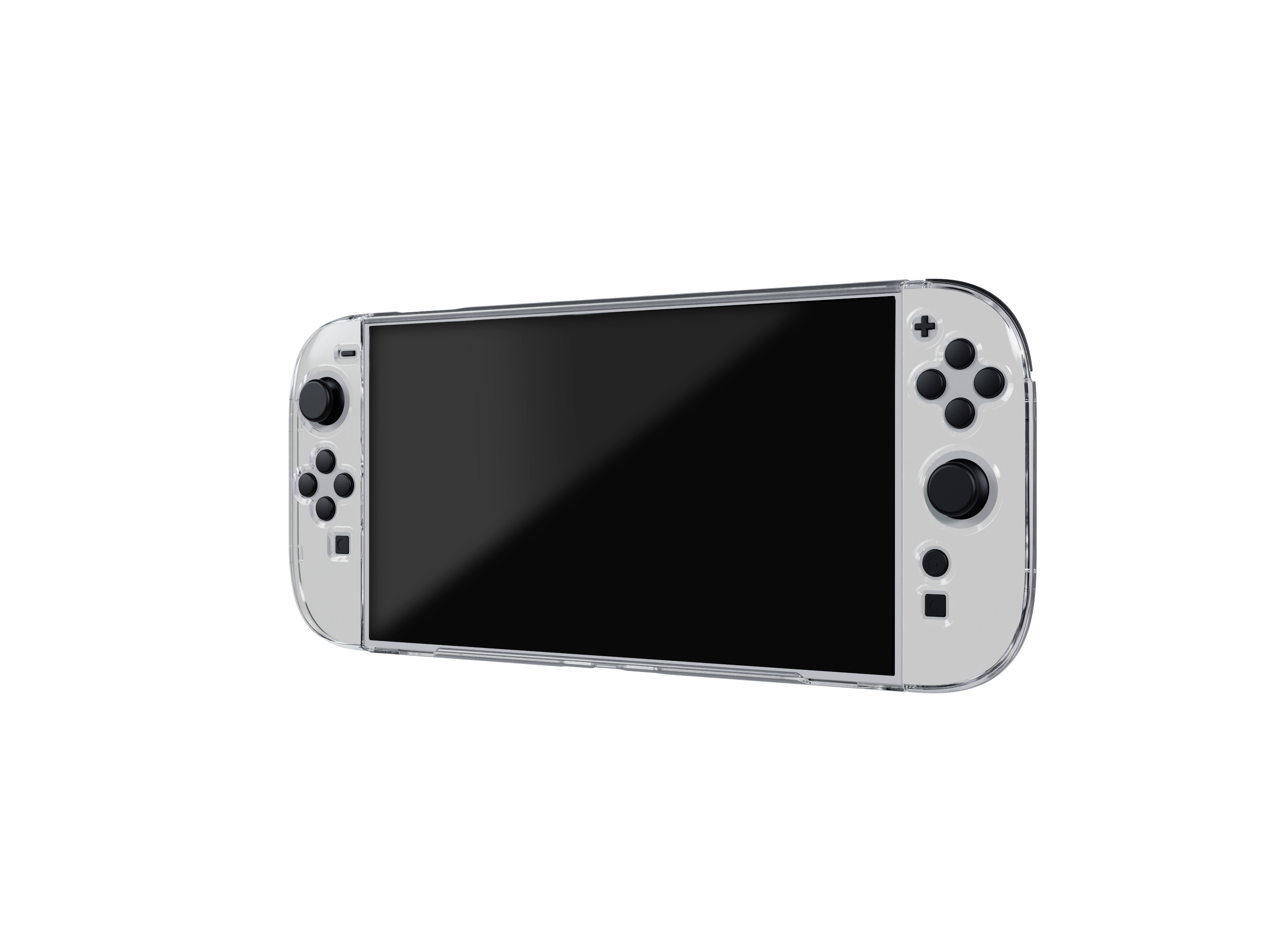 Ein weißes Nintendo Switch OLED-Modell auf weißem Hintergrund. Der Bildschirm ist schwarz.