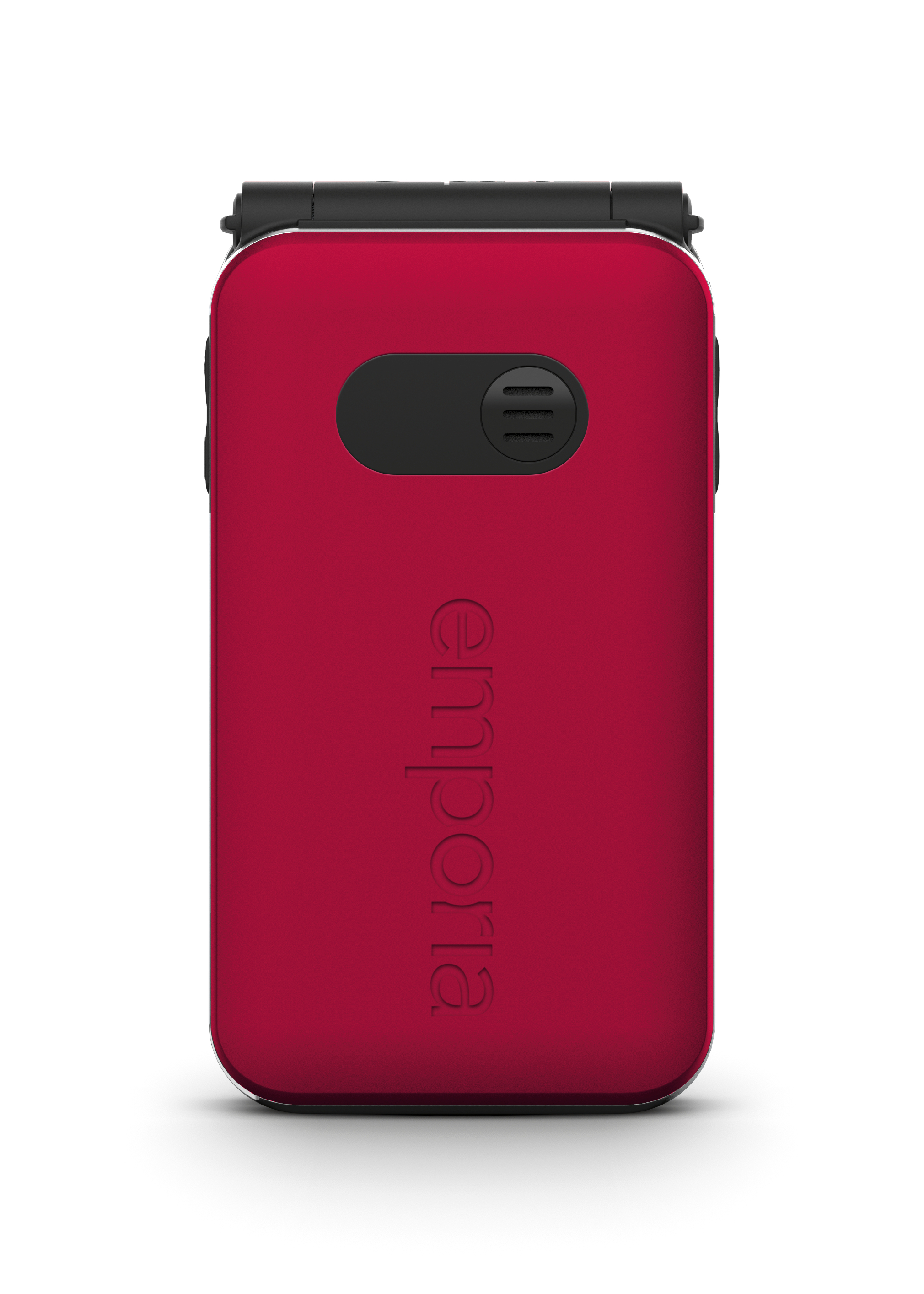 Ein rotes Klapphandy mit dem Wort 'emporia' darauf, auf weißem Hintergrund.