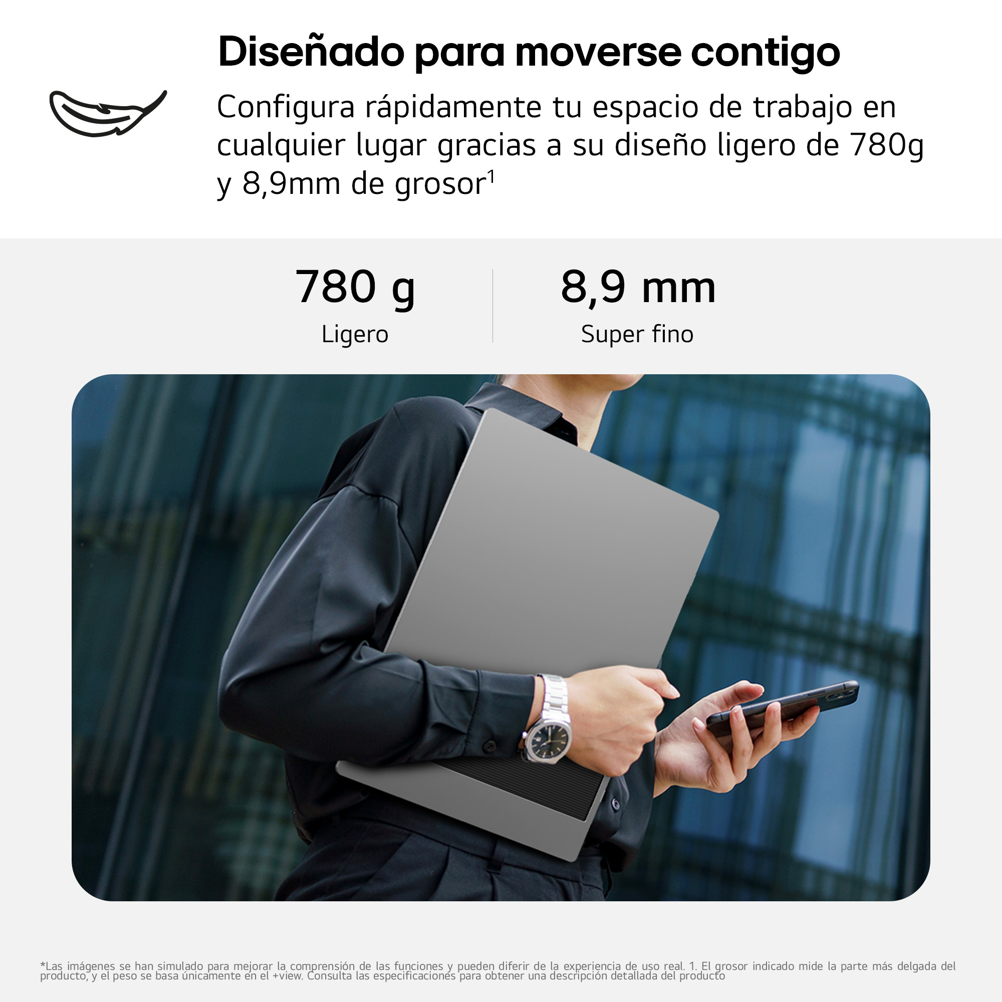 Persona sosteniendo un portátil gris y un teléfono. Texto en español sobre ligereza y delgadez.