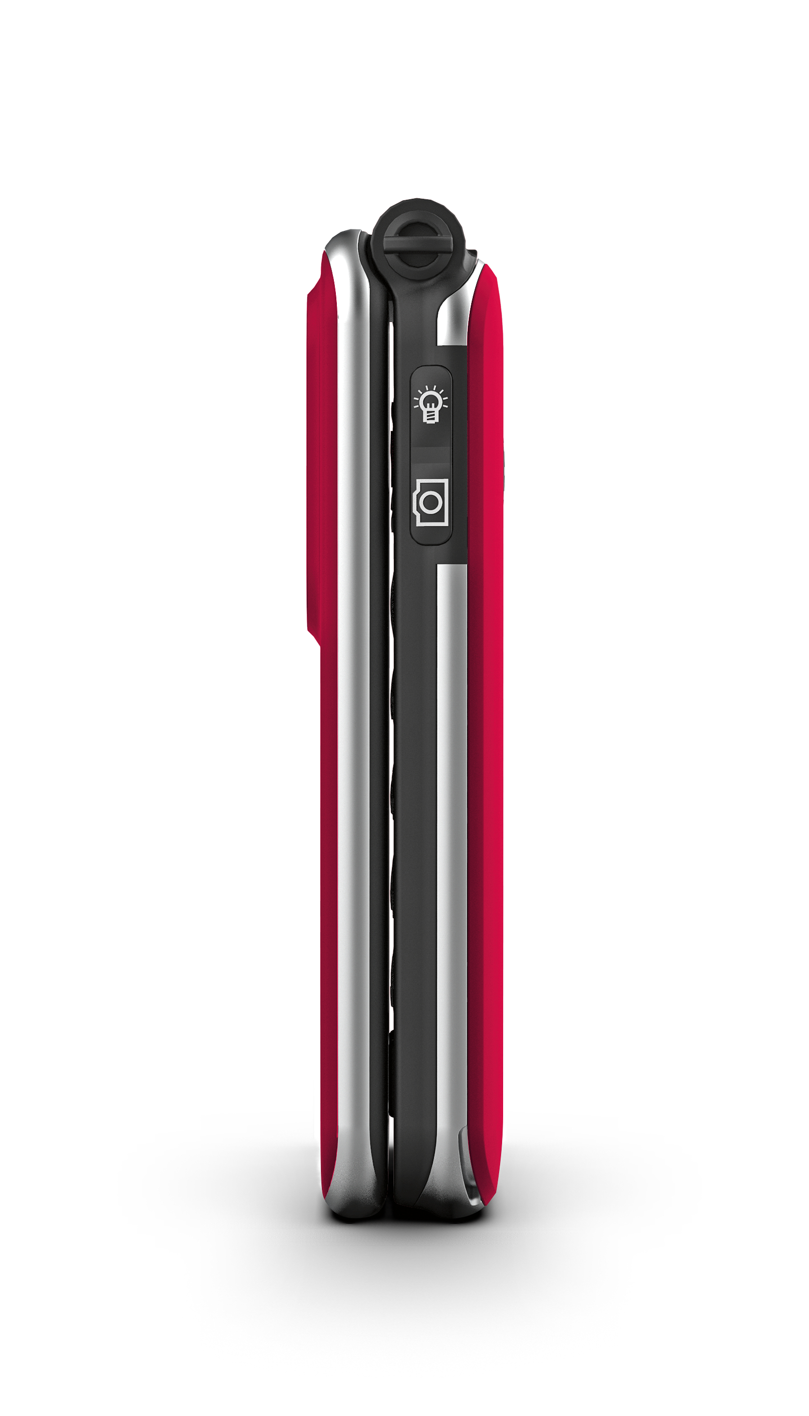 Ein rot-schwarzes Klapphandy wird von der Seite gezeigt. Der Bildschirm ist geschlossen.