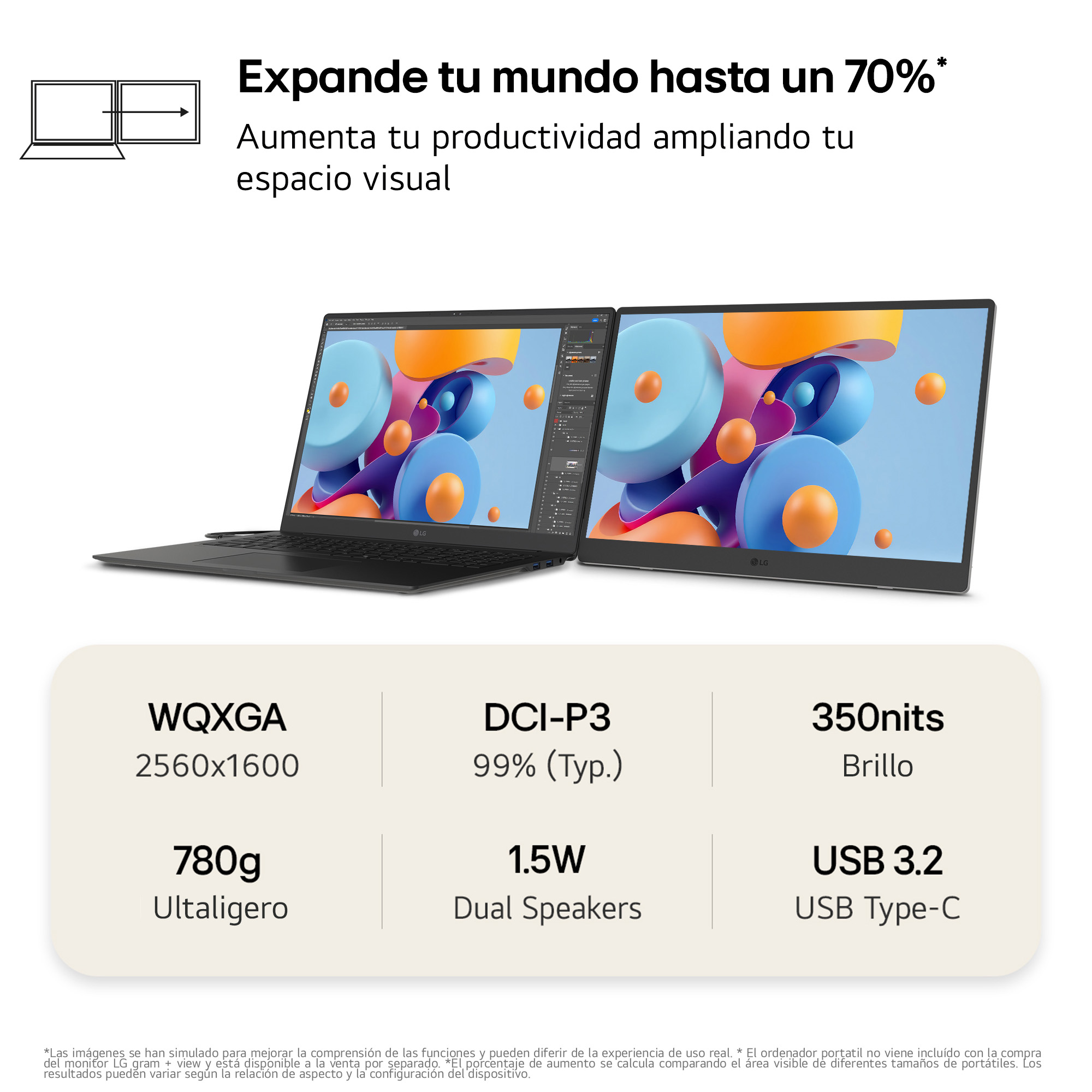 Una pantalla de portátil muestra dos pantallas. El texto en español indica características y dimensiones.