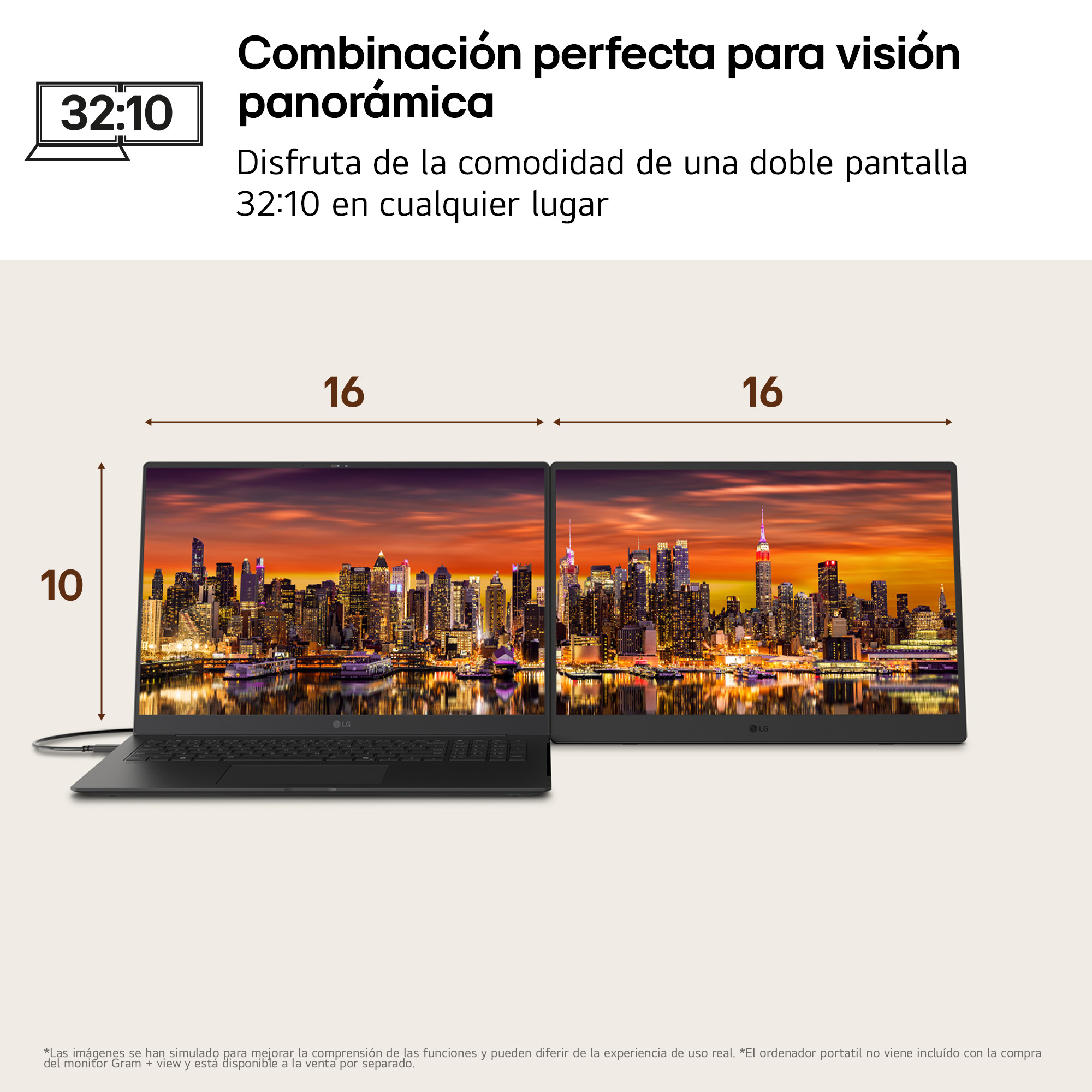 Dos pantallas, portátil y monitor, mostrando una ciudad al anochecer.