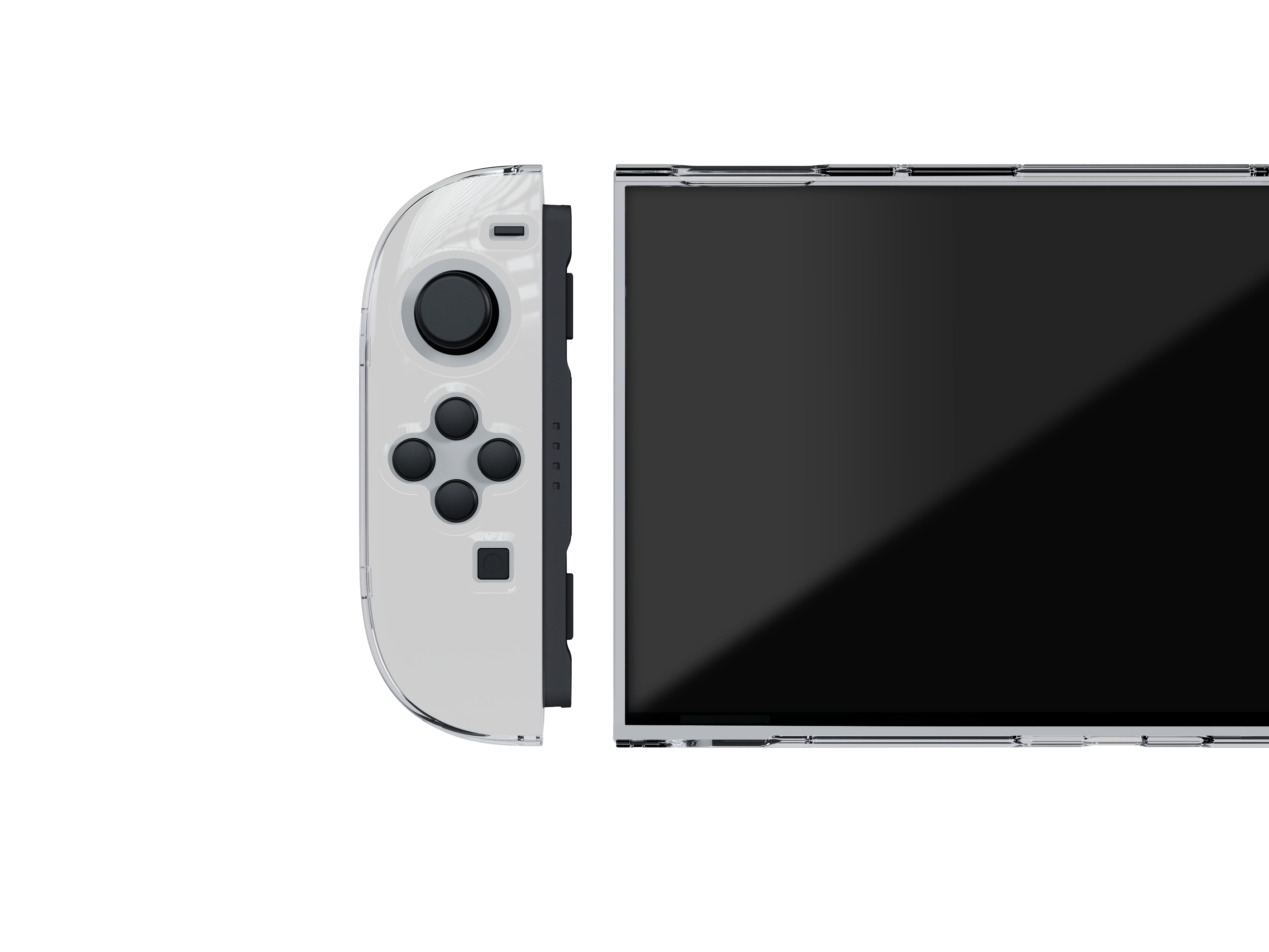 Weißer und grauer Switch-Controller und -Bildschirm, weißer Hintergrund.