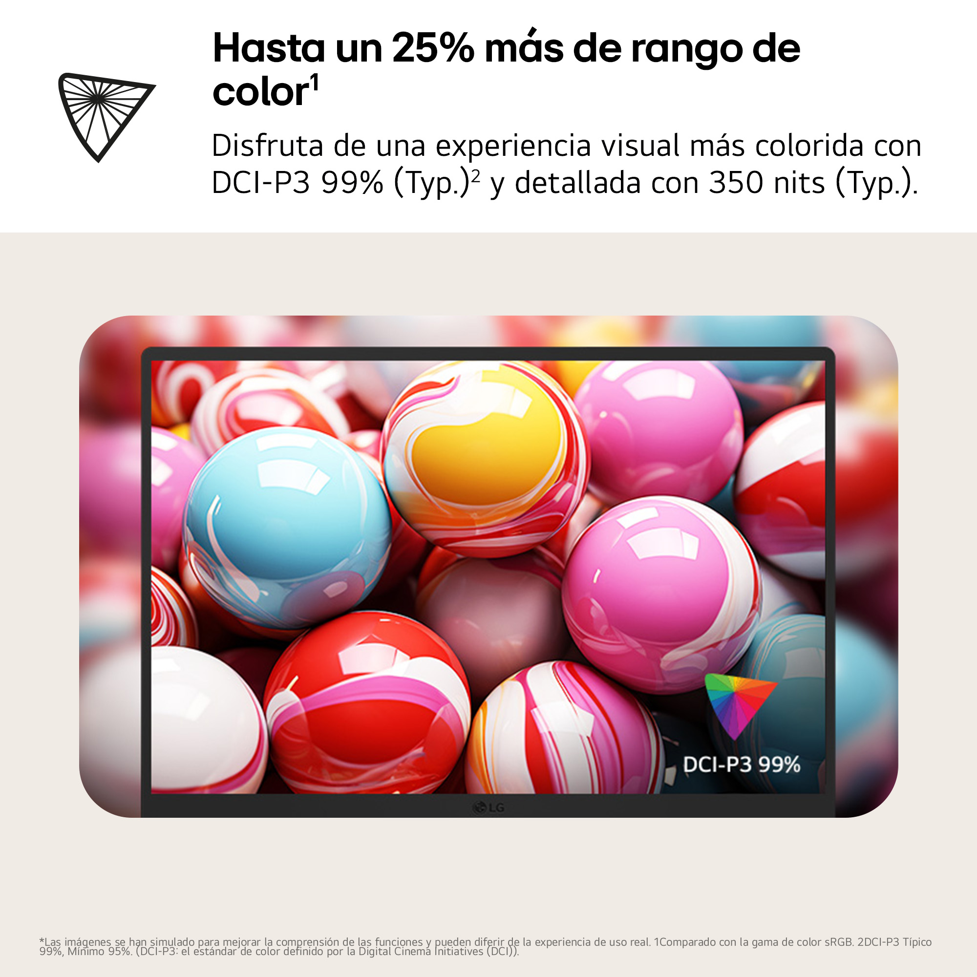 Monitor mostrando esferas coloridas. Texto: hasta un 25% más de gama de color.