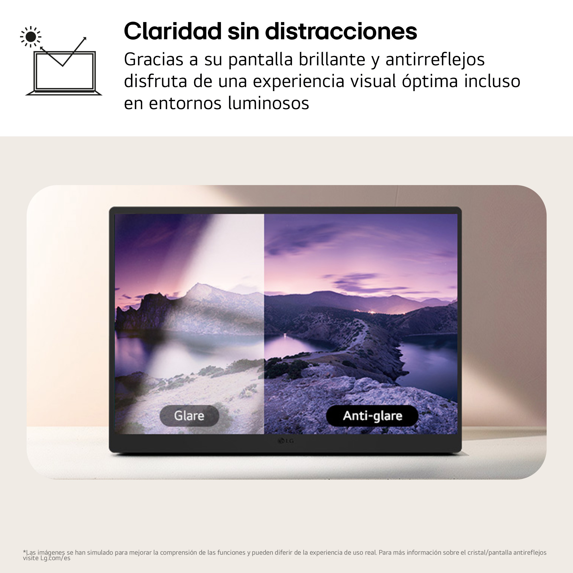 Pantalla de monitor con ejemplos de reflejo y antirreflejo. Texto: Claridad sin distracciones.