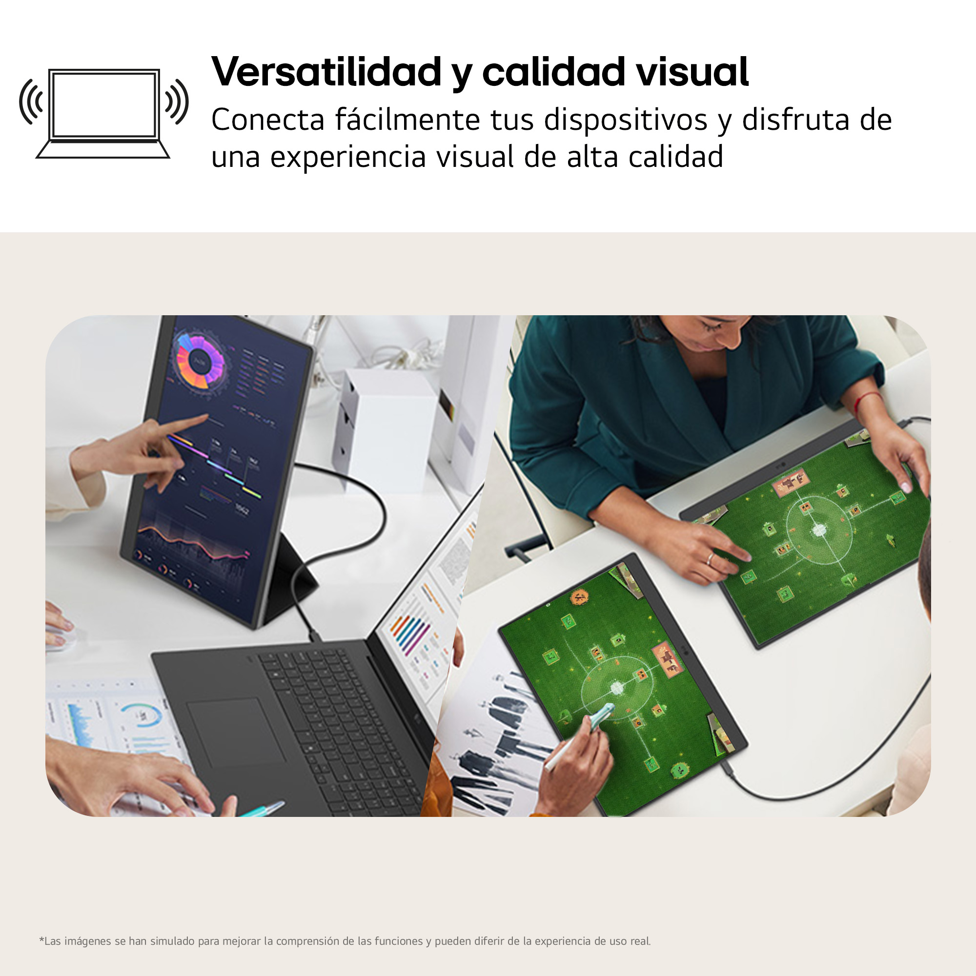 Dos personas usan computadoras portátiles en un escritorio blanco. Una muestra gráficos, la otra una cuadrícula verde.