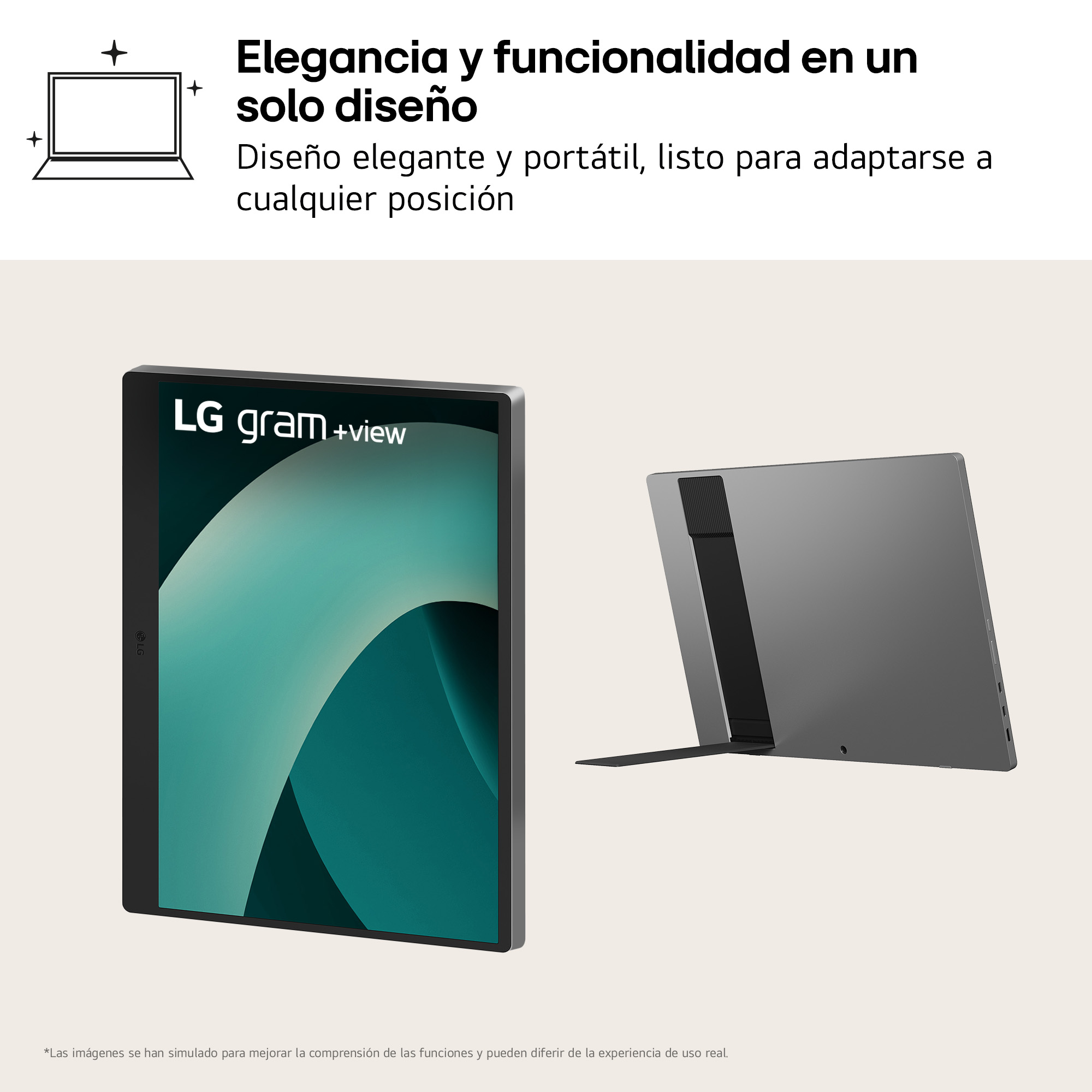 Un portátil y una tableta, fondo blanco, con un texto en español sobre elegancia y funcionalidad.
