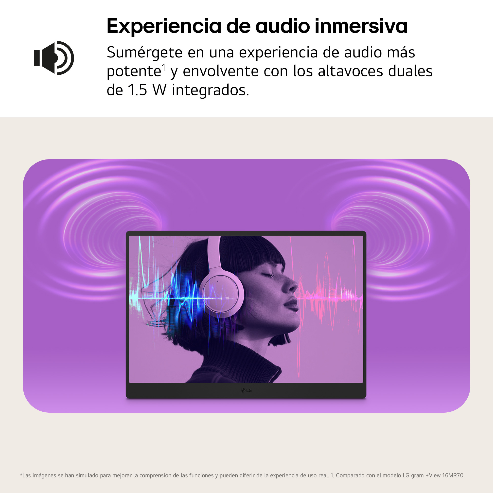 Persona con auriculares, con el texto 'Experiencia de audio inmersiva' y ondas de sonido alrededor.