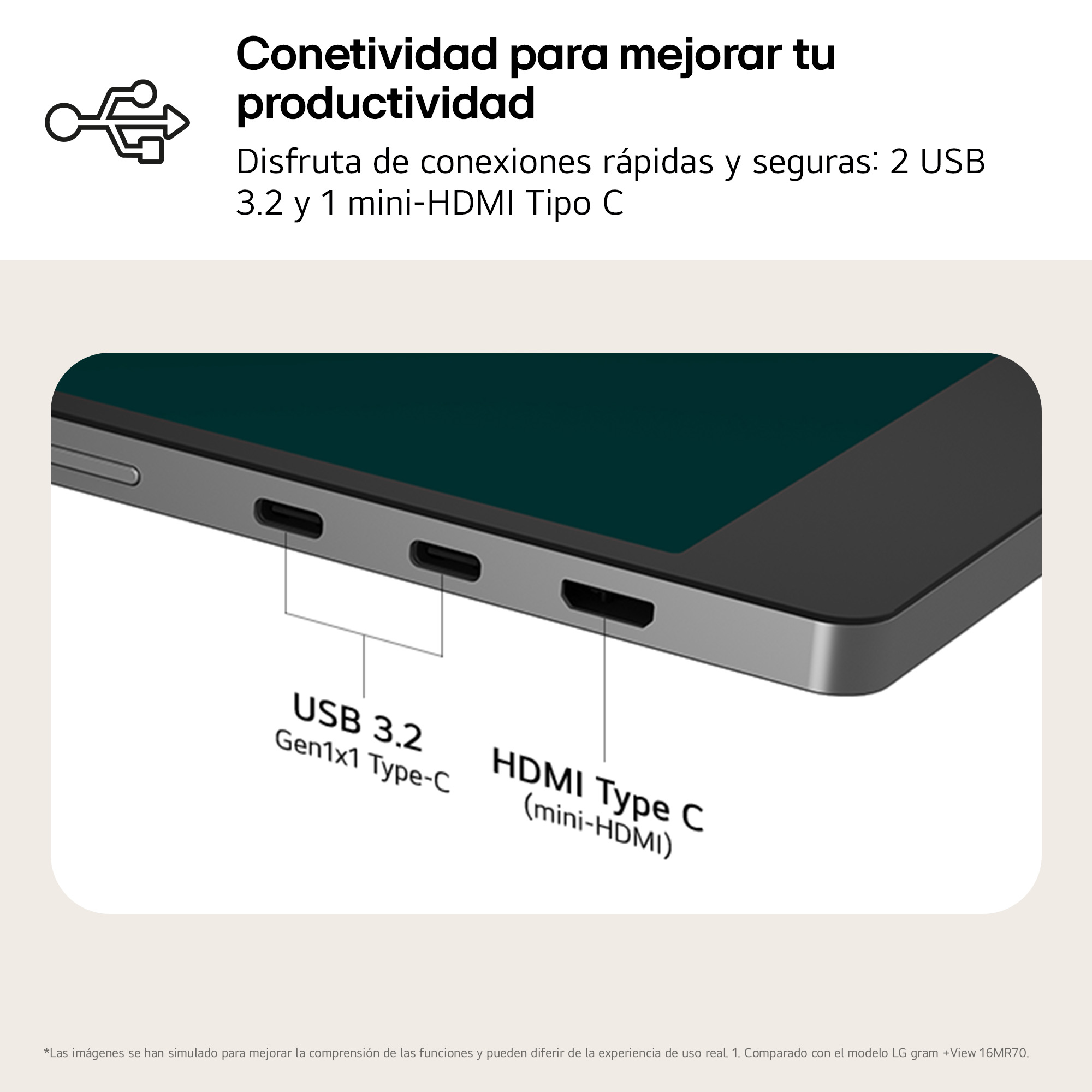Primer plano de los puertos de un portátil. Muestra puertos USB y HDMI. El fondo es beige.