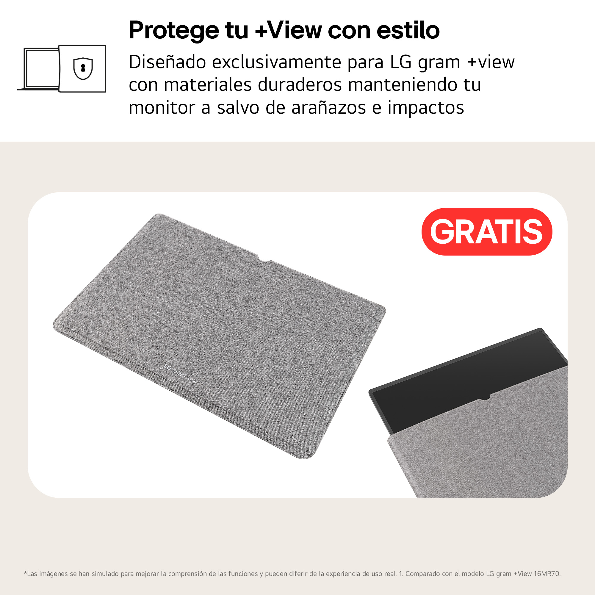 Una funda gris para portátil con un portátil negro parcialmente dentro, junto a un letrero de 'Gratis'.
