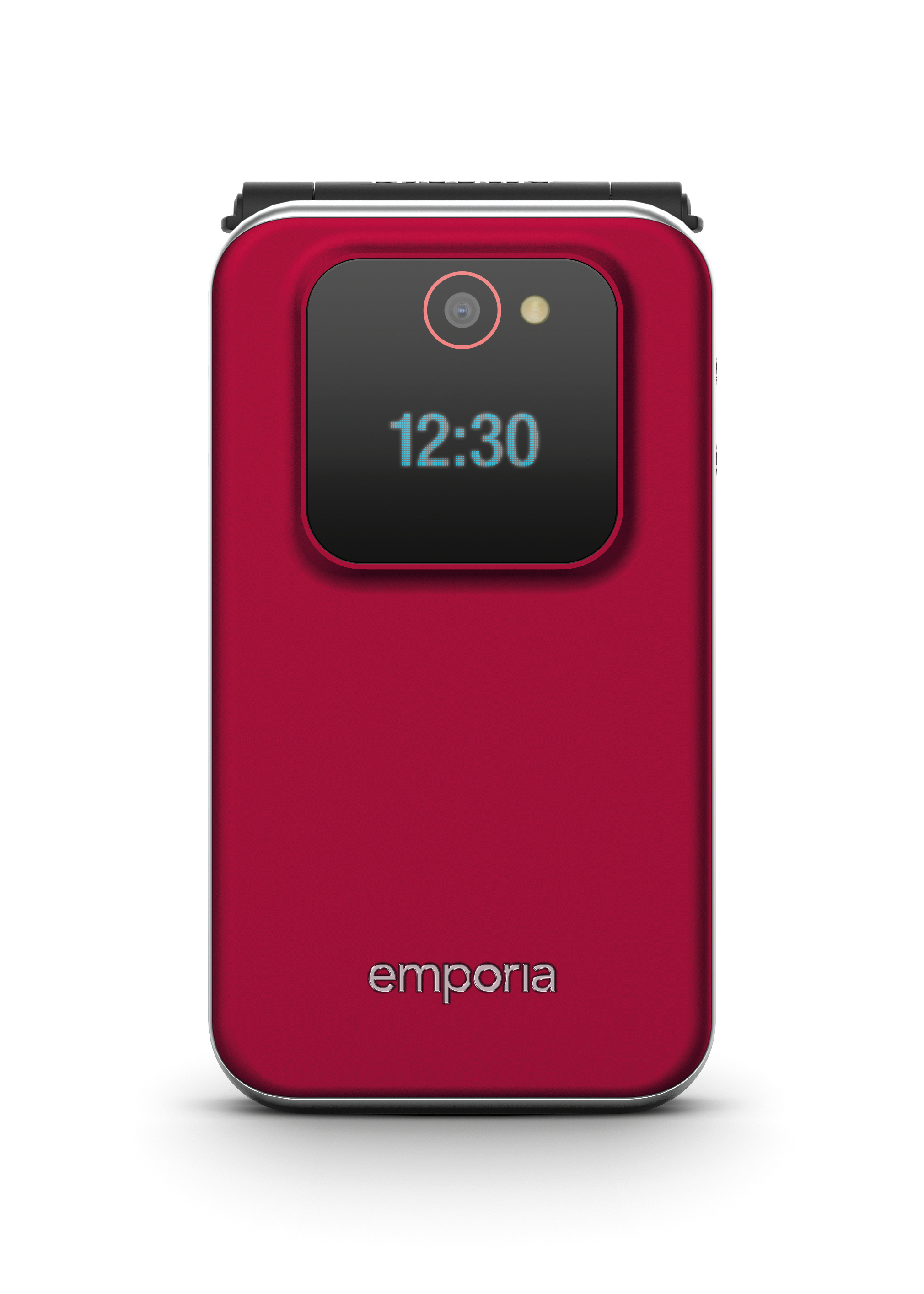 Ein rotes Klapphandy mit einem kleinen externen Bildschirm, der 12:30 Uhr anzeigt.