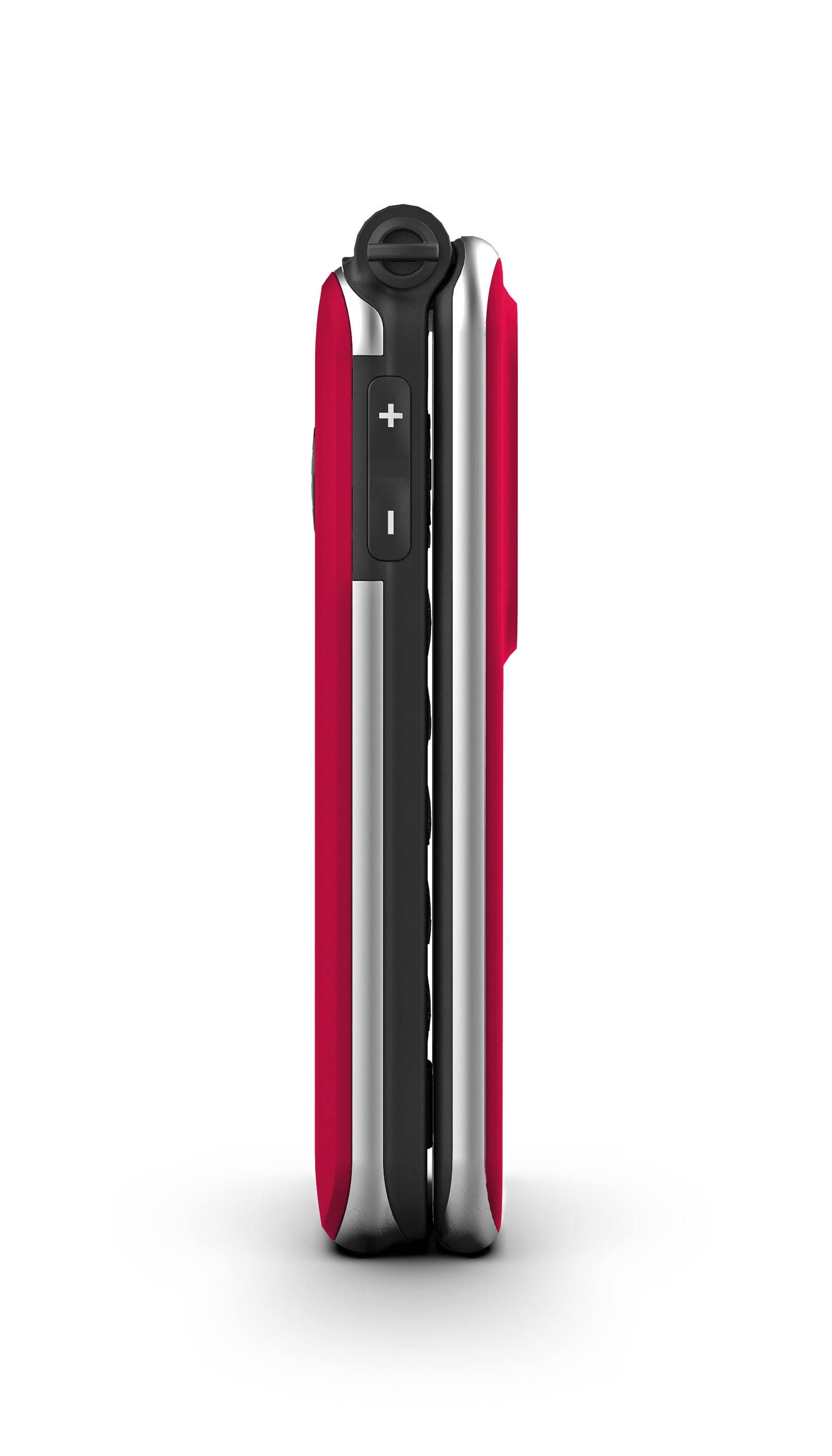 Ein rotes Klapphandy, geschlossen, Seitenansicht mit Lautstärketasten und schwarzem Scharnier.