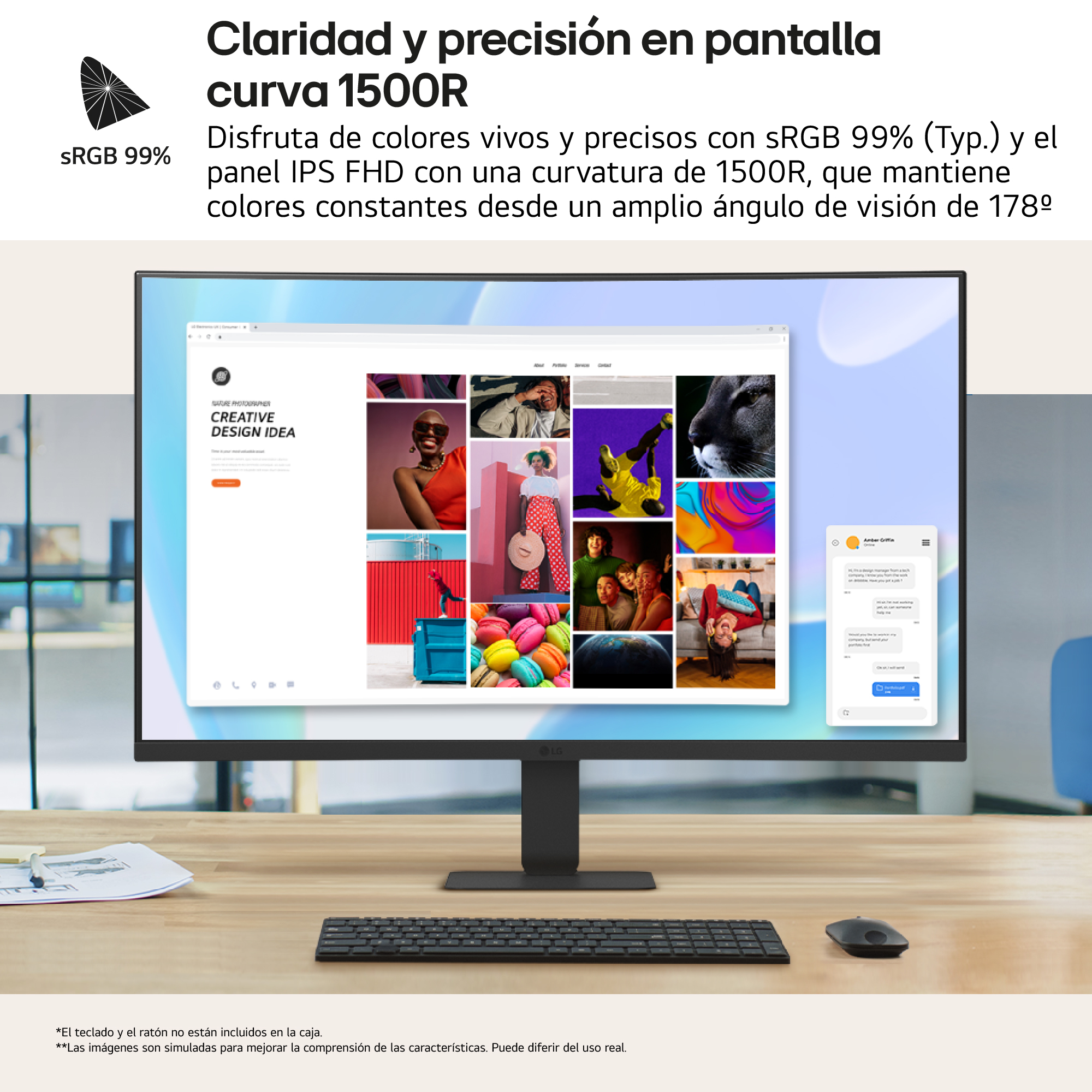 Monitor con imagen de sitio web y ventana de chat. Teclado y ratón frente al monitor.