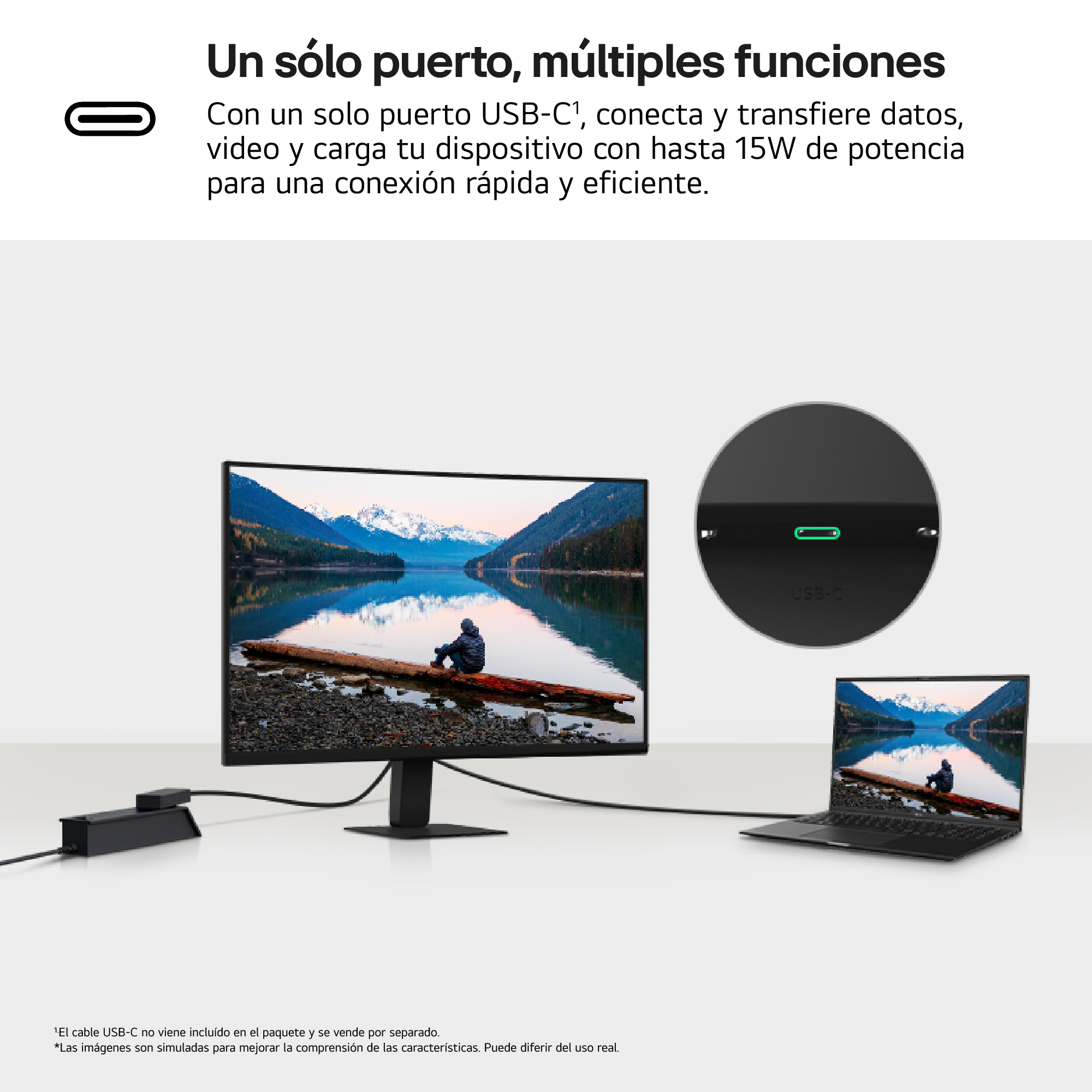 Monitor conectado a un portátil por USB-C. Un bloque de alimentación negro conectado al monitor.