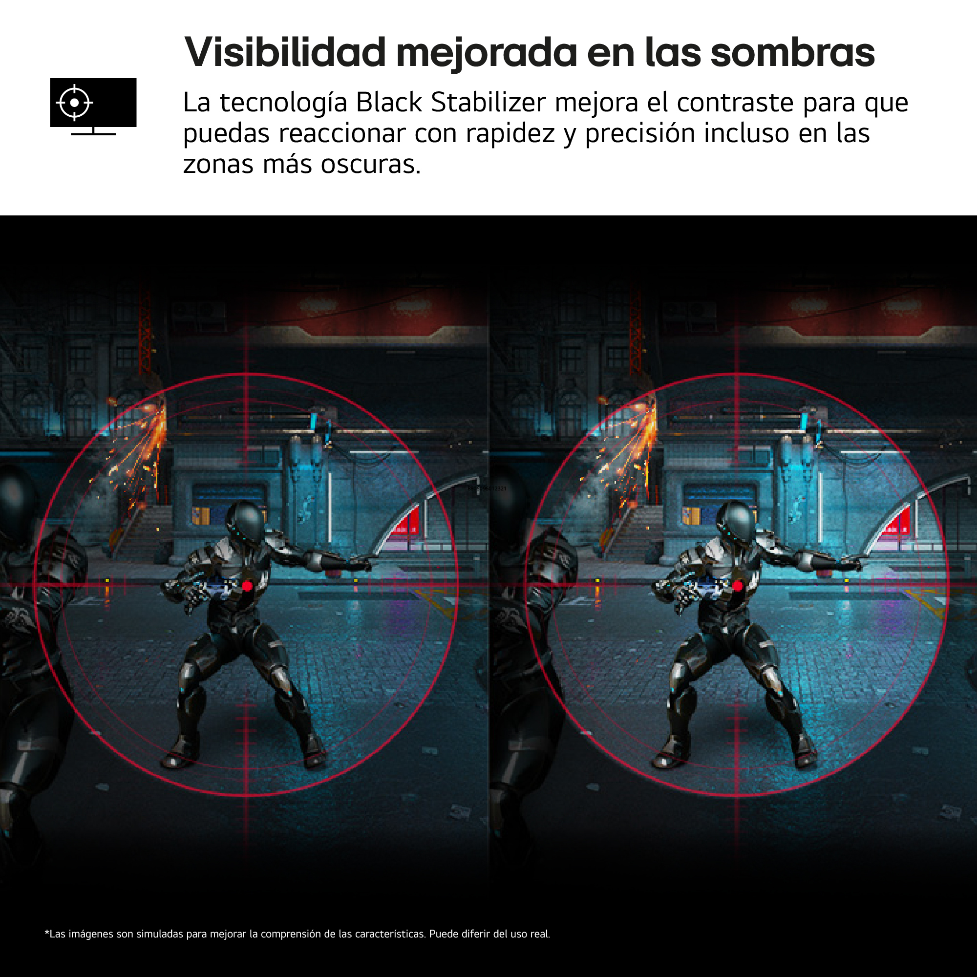 Dos imágenes de una persona con arco y flecha en un entorno oscuro. El monitor tiene un Black Stabilizer.