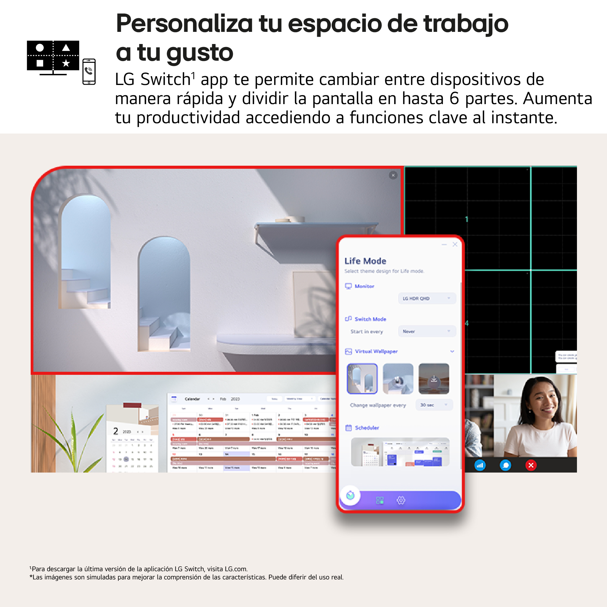 Un monitor muestra una interfaz de aplicación con opciones. La aplicación permite la división de pantalla y cambios de fondo de pantalla.