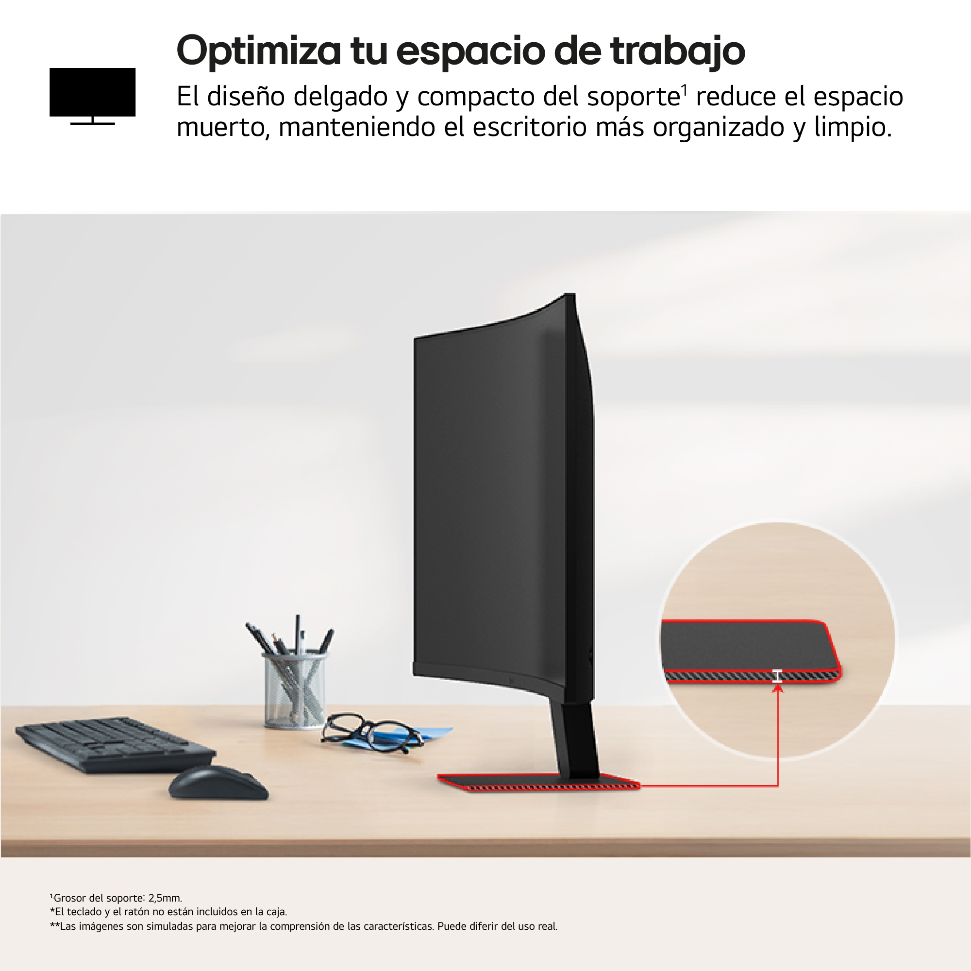 Un monitor está sobre un escritorio de madera con teclado y ratón. El monitor es negro y curvado.