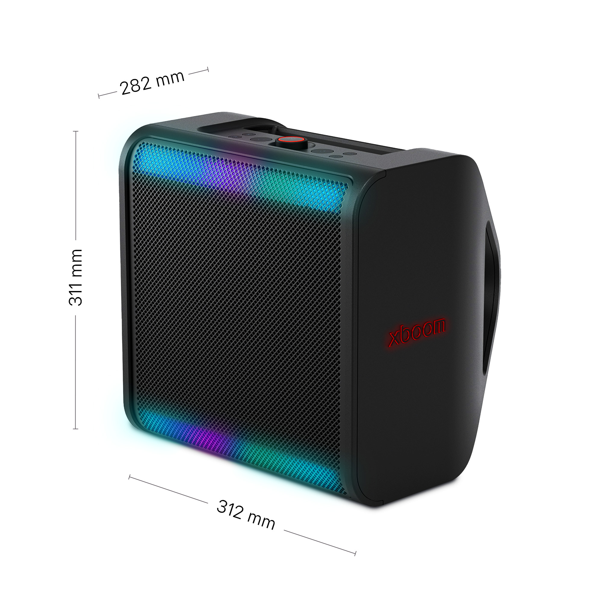 Altavoz negro con luces de colores. Dimensiones del altavoz mostradas en milímetros.
