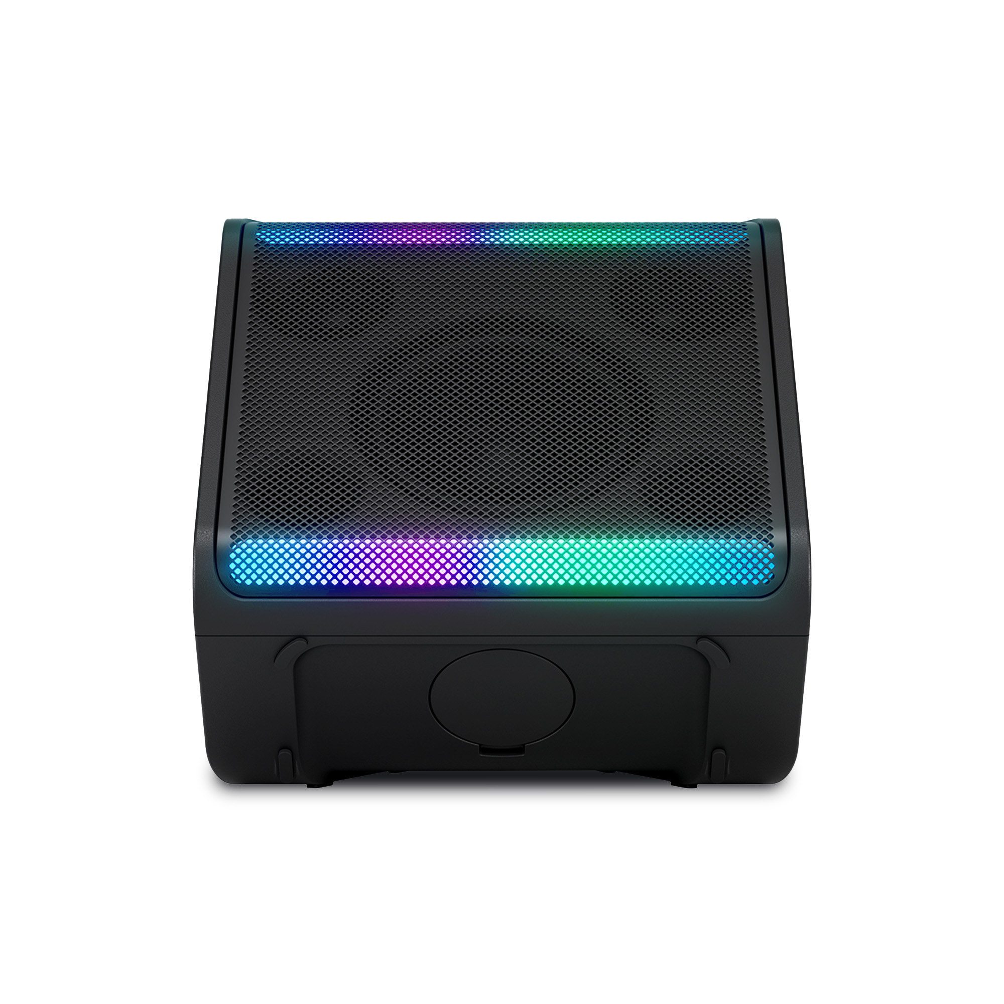 Vista frontal de un altavoz negro con un patrón de rejilla y luces de colores en la parte superior e inferior.