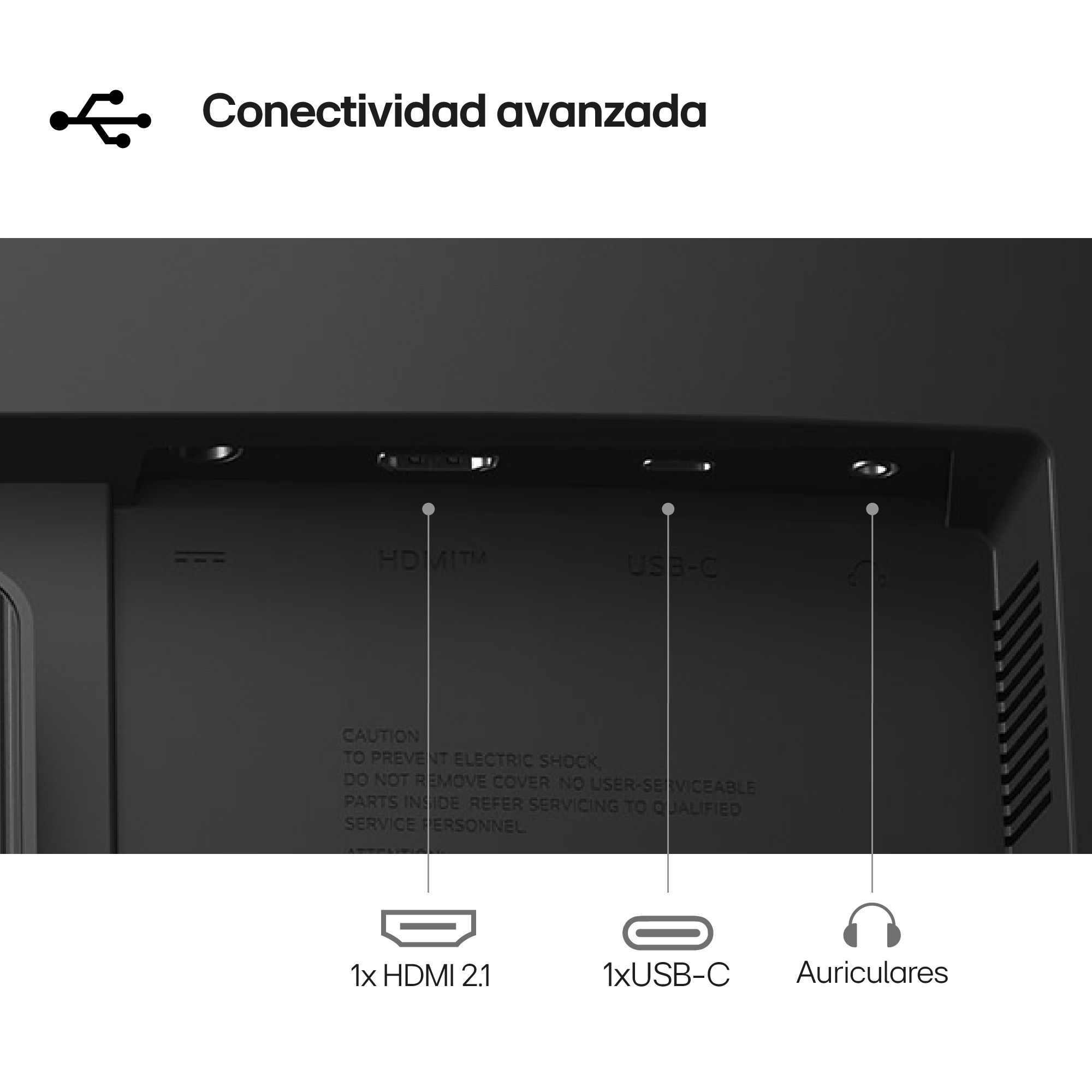 Puertos del dispositivo: HDMI, USB-C y conector para auriculares.