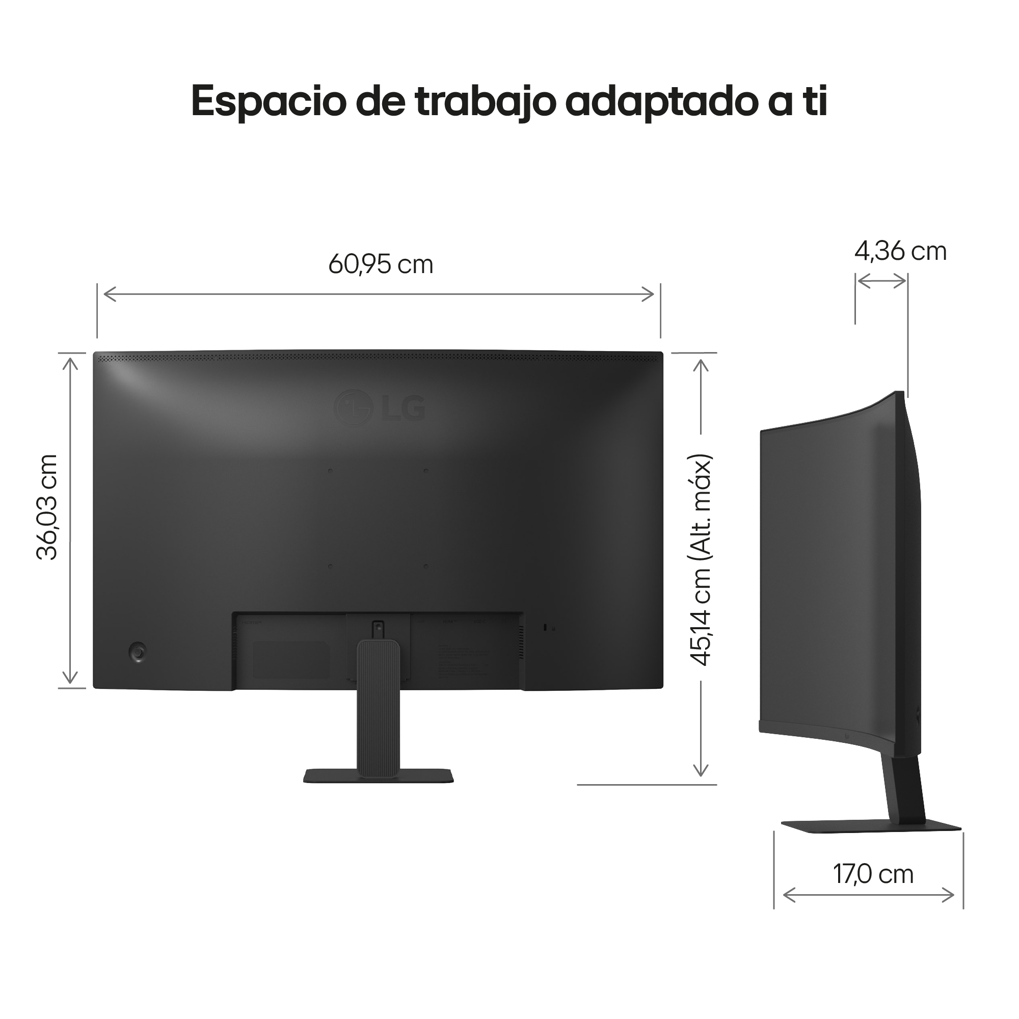 Un monitor con dimensiones mostradas. Una vista lateral muestra la forma curvada y las medidas del soporte.
