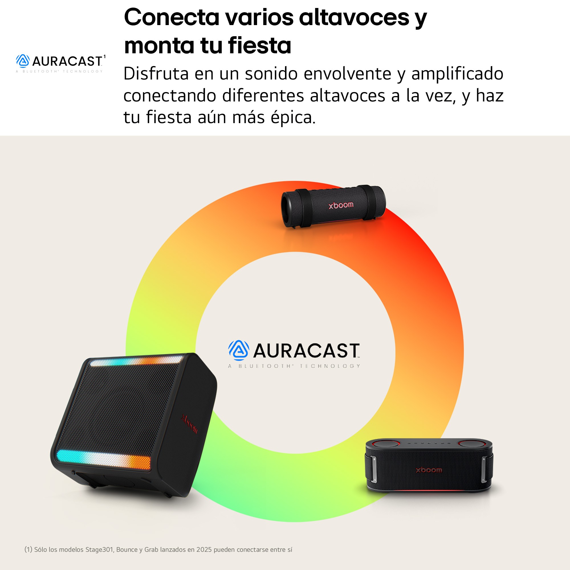 Tres altavoces, dos negros y uno naranja, en un círculo colorido, emitiendo ondas de sonido. Logotipo de Auracast visible.