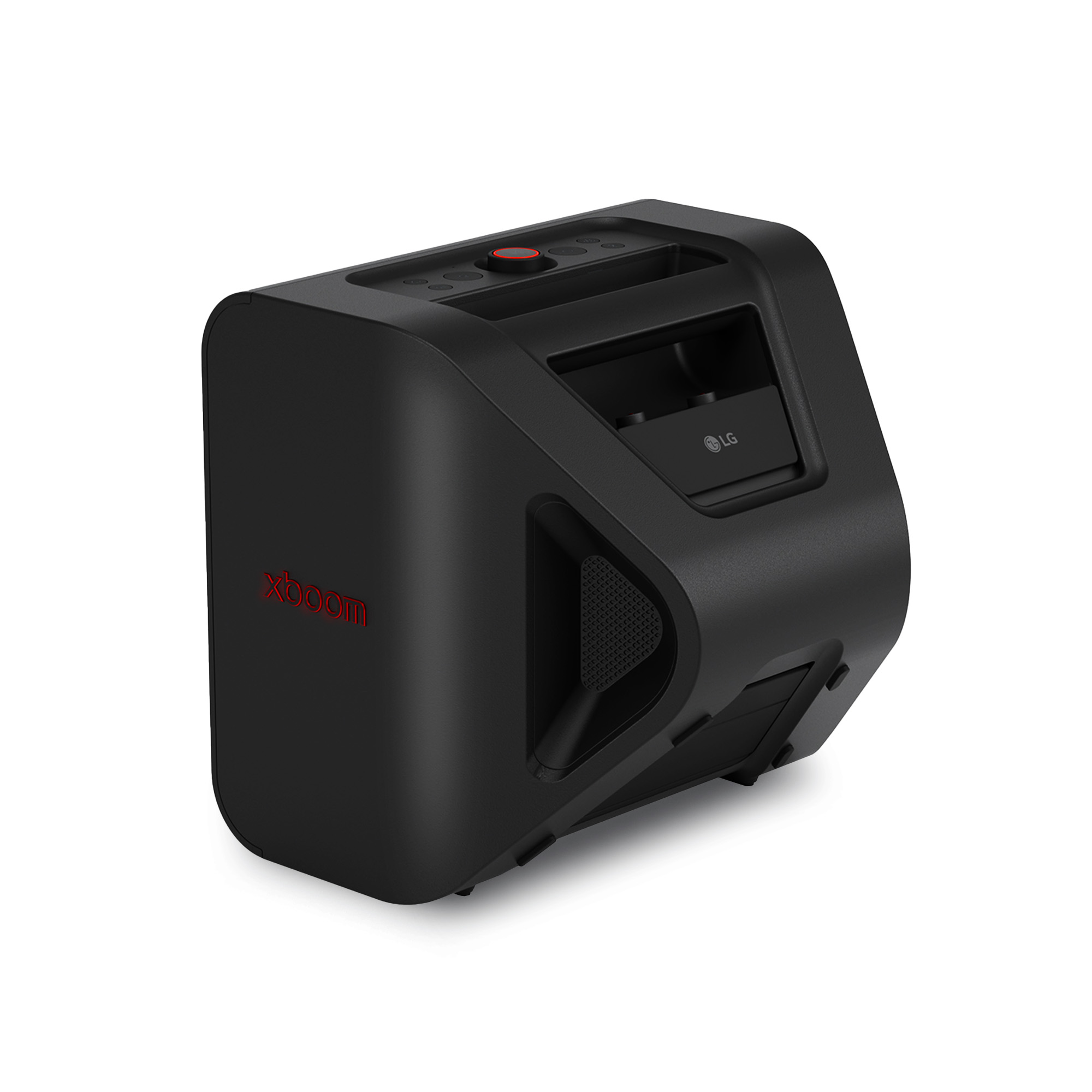 Altavoz negro con asa. Tiene esquinas redondeadas y el logotipo Xboom en rojo.