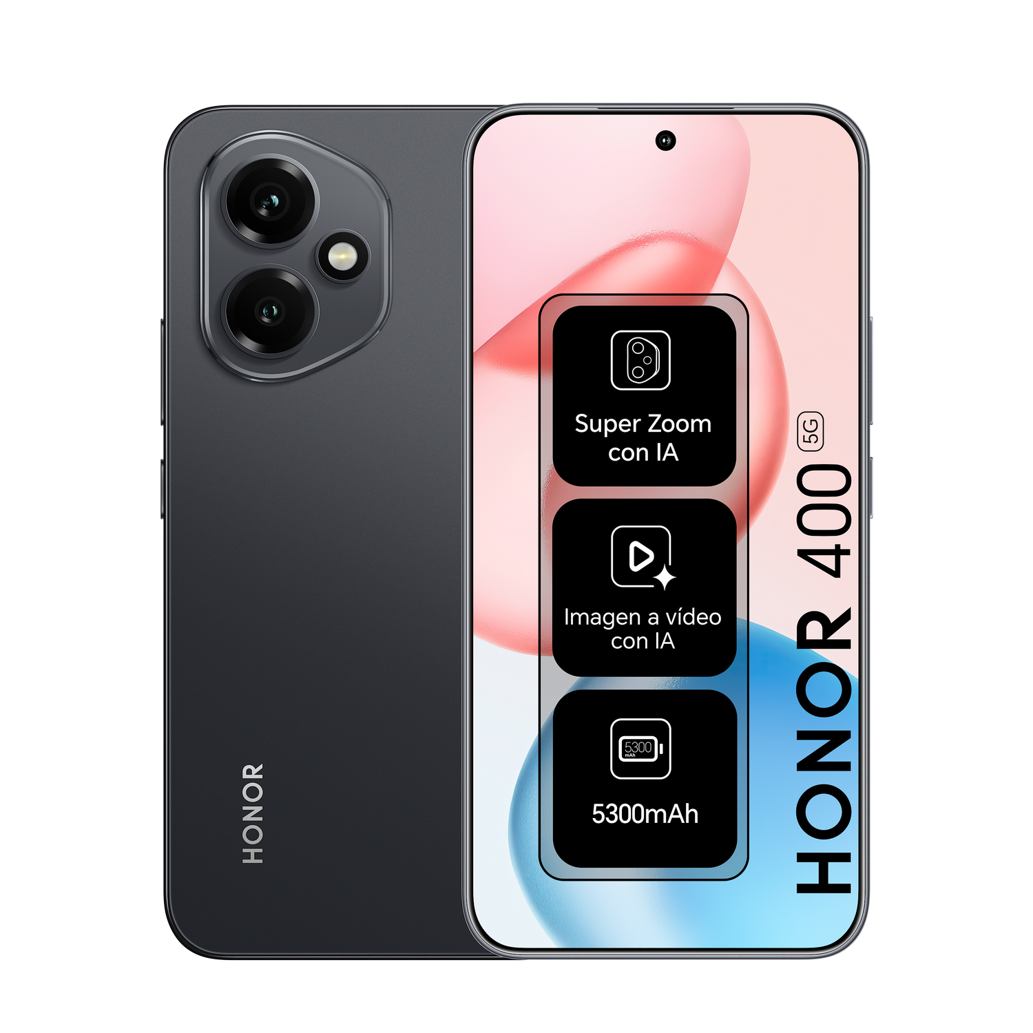 Smartphone negro con tres lentes de cámara y una pantalla con información.