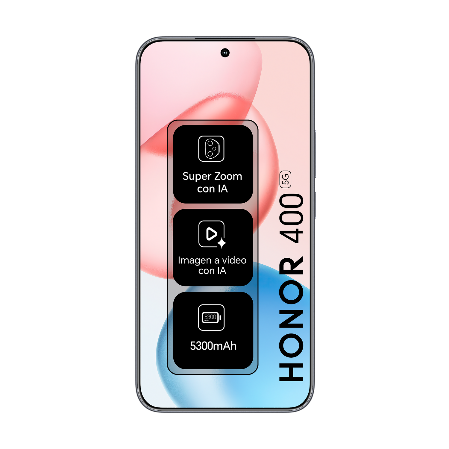 Un smartphone negro con un fondo rosa claro y azul. Se muestran iconos de funciones de cámara.