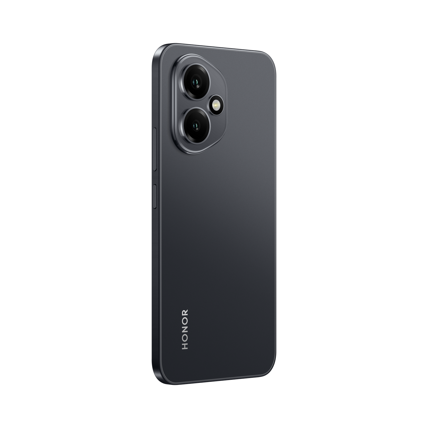 Smartphone gris oscuro, vista trasera, con cámaras duales y logo HONOR sobre fondo negro.
