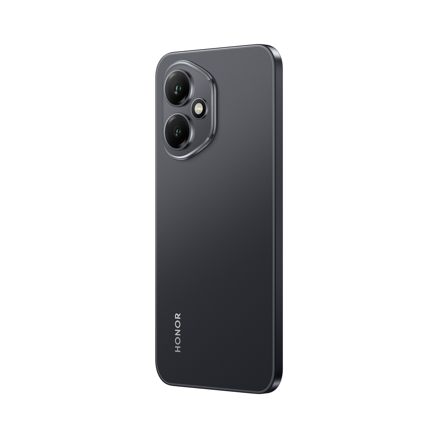 Vista trasera de smartphone gris oscuro con logo HONOR, dos cámaras, fondo negro.