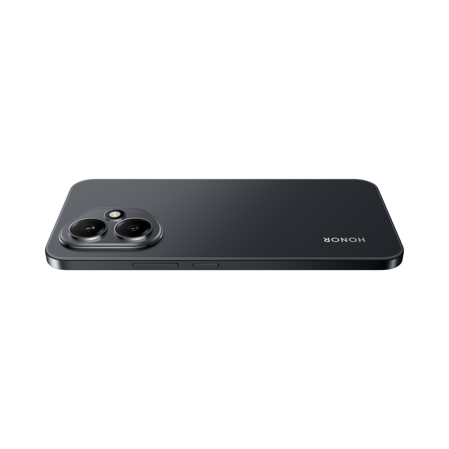 Smartphone gris oscuro, dos cámaras, logo HONOR, vista en ángulo, fondo negro.