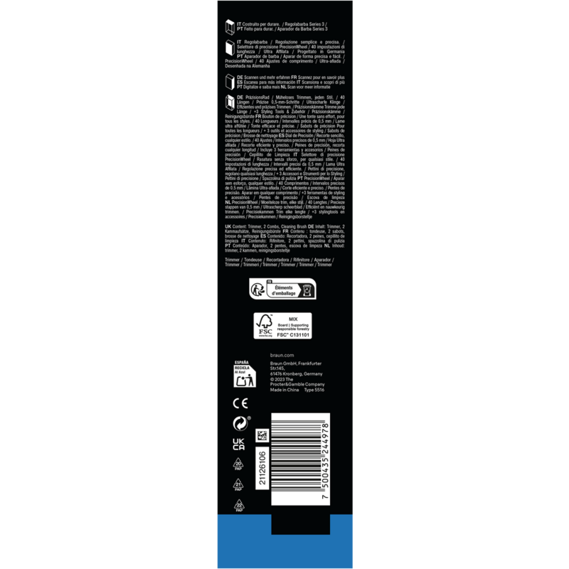 Detalles del embalaje del producto en varios idiomas. Incluye texto, logos y un código de barras en fondo azul y blanco.