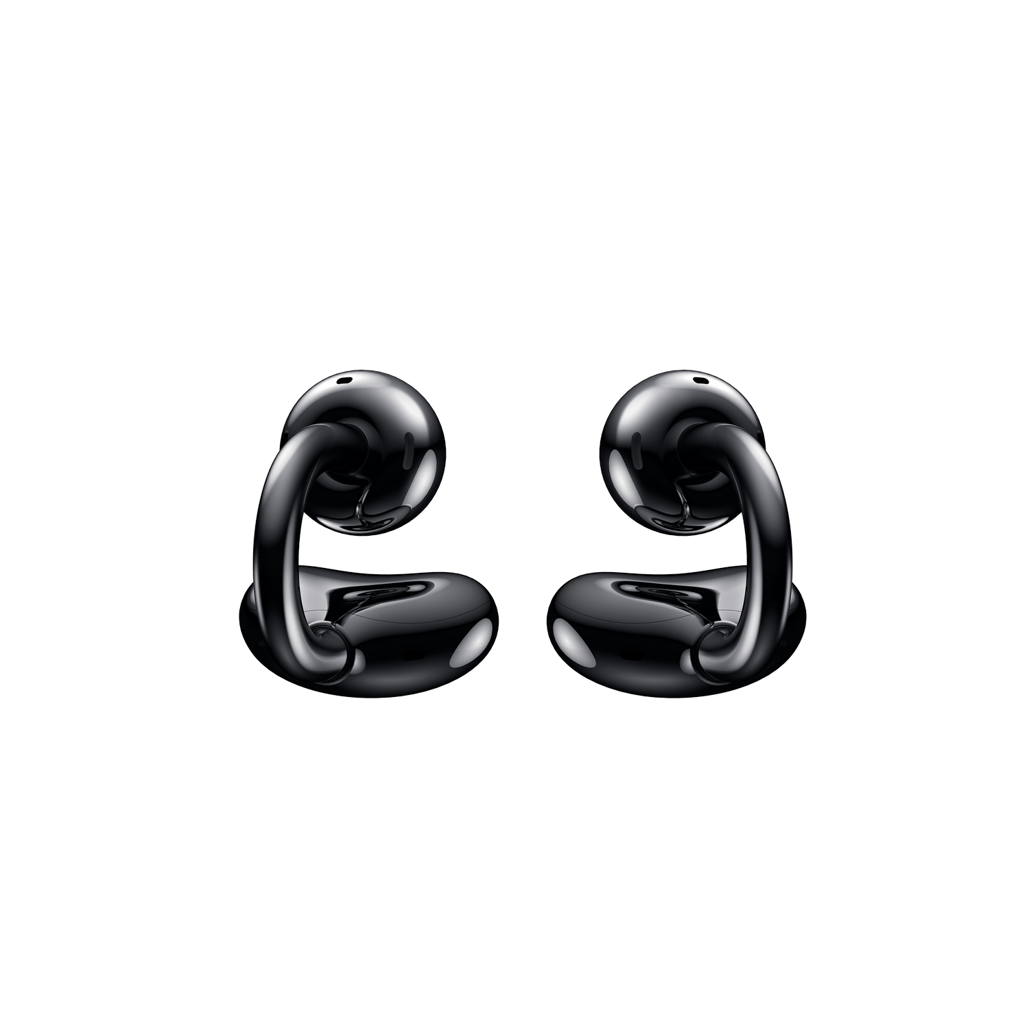 Dos auriculares inalámbricos negros, vista lateral, fondo negro.