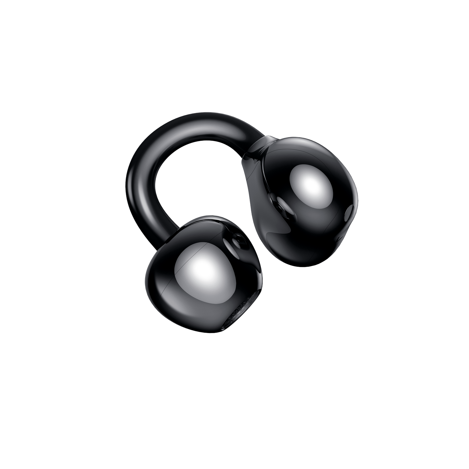 Dos auriculares inalámbricos negros, conectados, fondo negro.