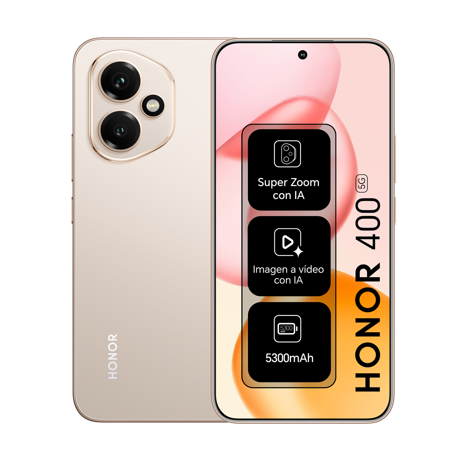 Vista de smartphone: teléfono dorado, pantalla blanca, HONOR 400, iconos de funciones, fondo negro.