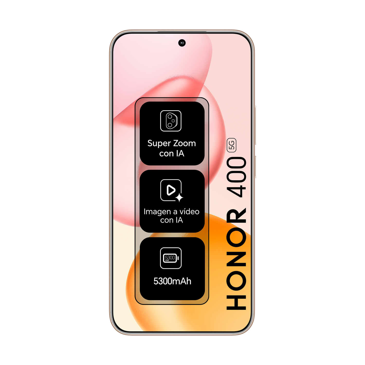 Teléfono dorado HONOR 400 muestra: Super Zoom, video IA y 5300mAh. Fondo rosa y naranja.