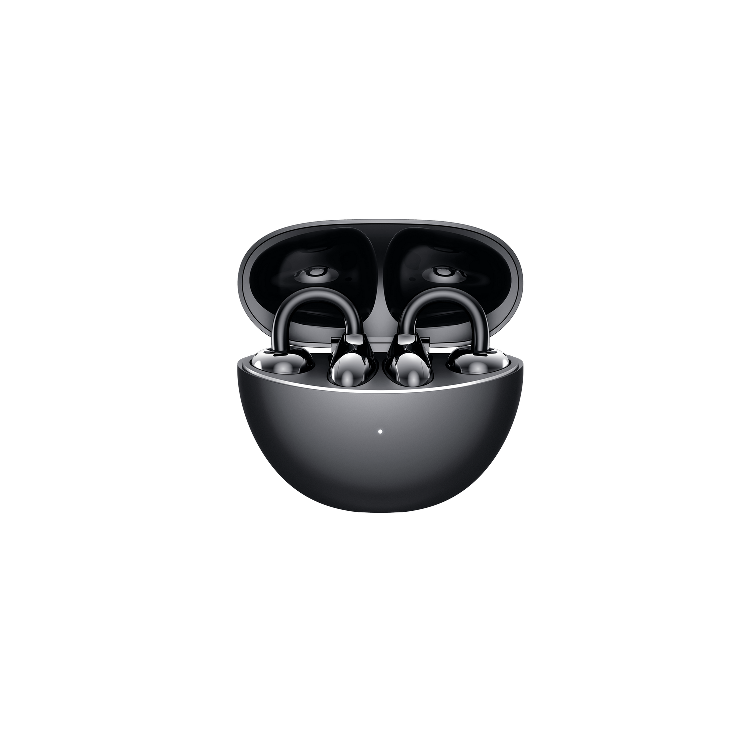 Auriculares negros en un estuche abierto. Fondo negro.