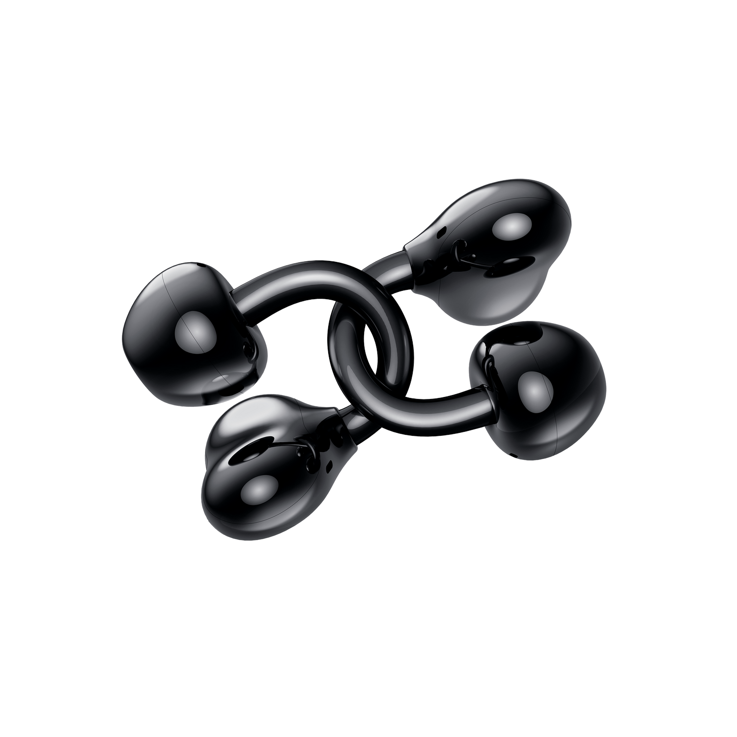 Tres auriculares negros conectados en cadena. Fondo negro.